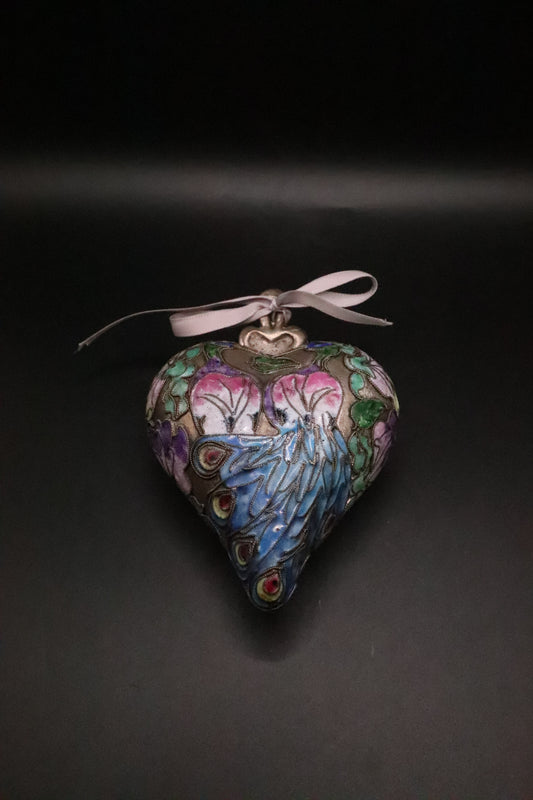 VINTAGE CLOISONNE VICTORIAN ENAMEL HEART "PEACOCKS"