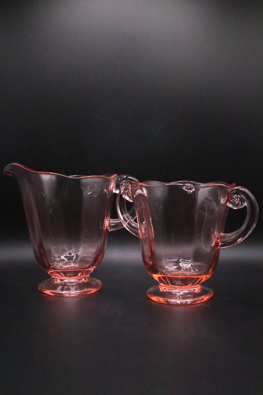 FOSTORIA CLEAR PINK GLASS FOOTED OPEN SUGAR BOWL AND CREAMER (PAIR)