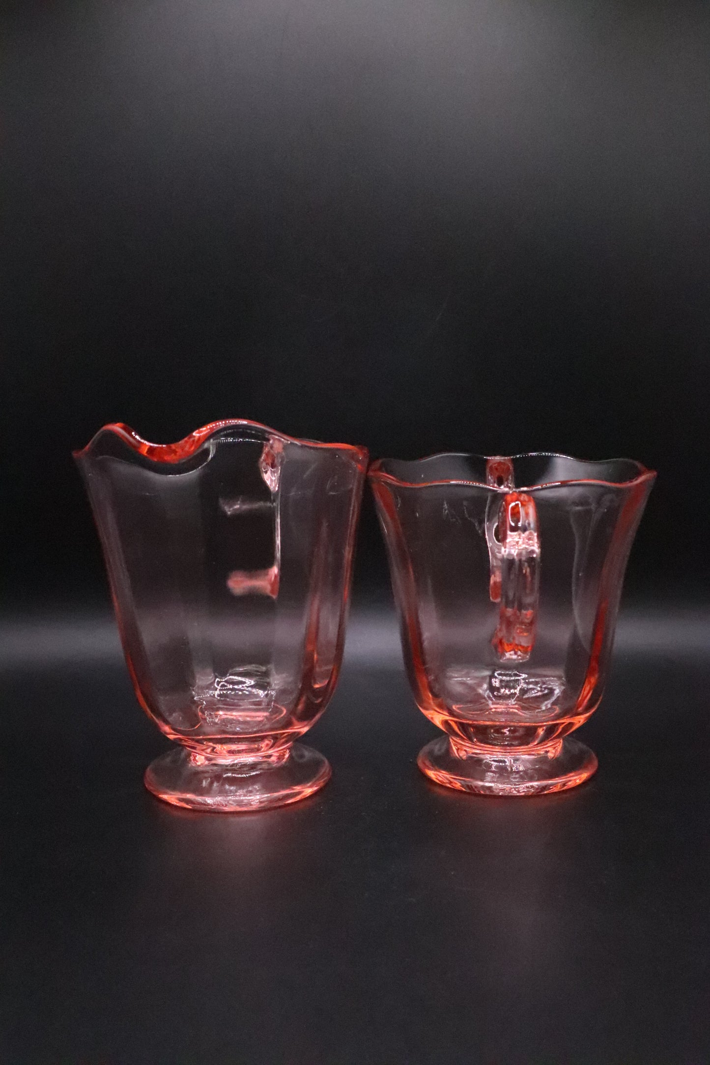 FOSTORIA CLEAR PINK GLASS FOOTED OPEN SUGAR BOWL AND CREAMER (PAIR)