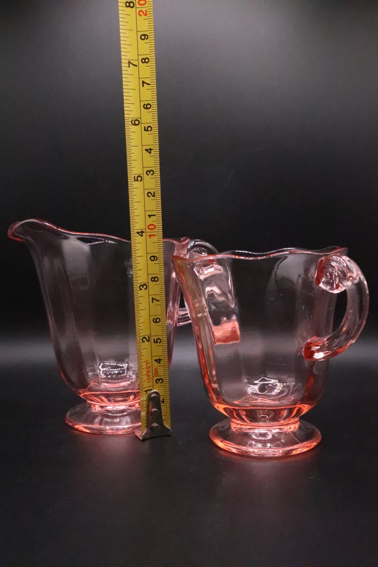 FOSTORIA CLEAR PINK GLASS FOOTED OPEN SUGAR BOWL AND CREAMER (PAIR)