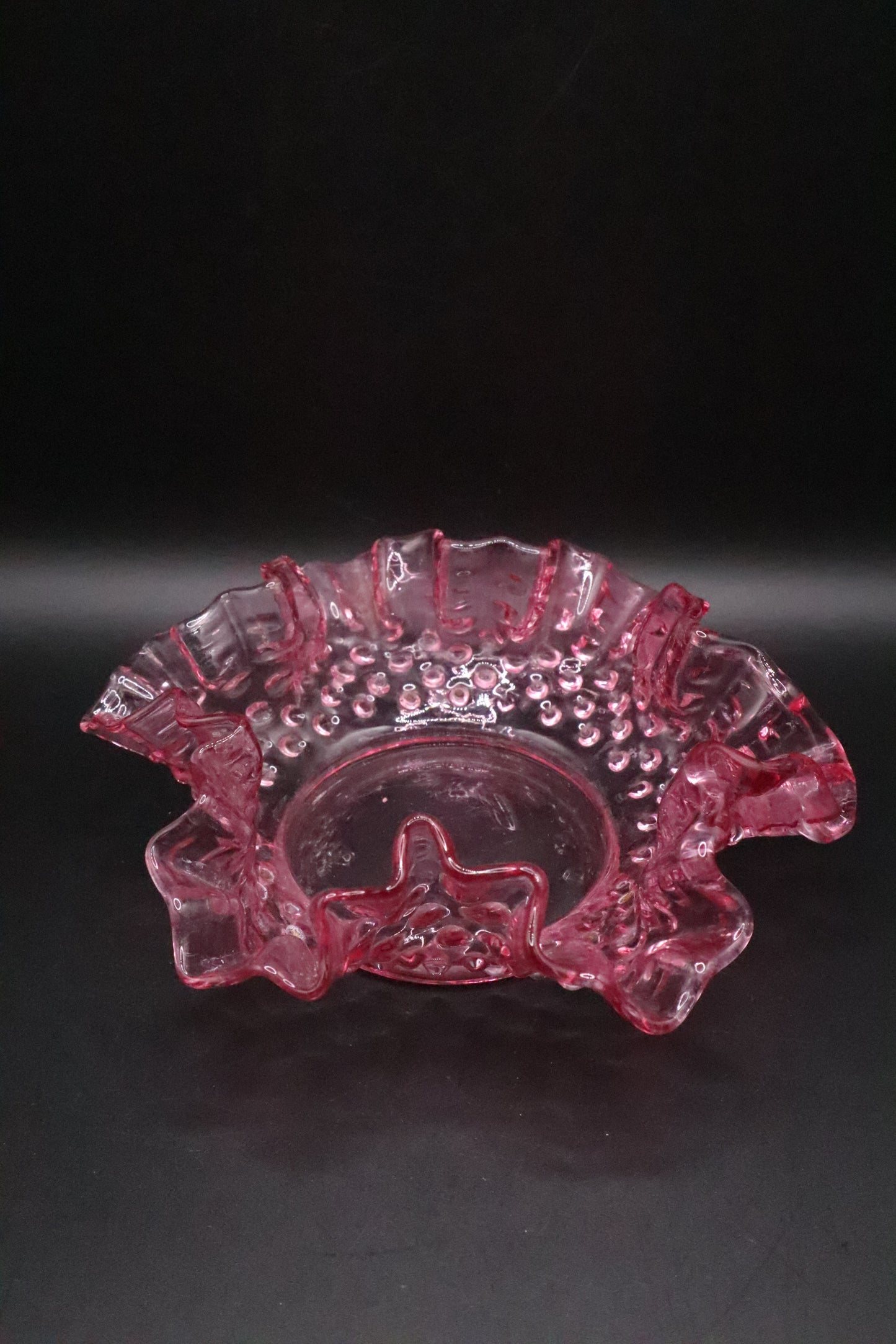 VINTAGE FENTON PINK HOBNAIL CANDY DISH RUFFLED EDGE