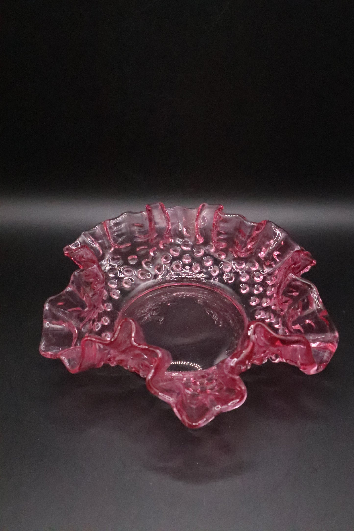 VINTAGE FENTON PINK HOBNAIL CANDY DISH RUFFLED EDGE