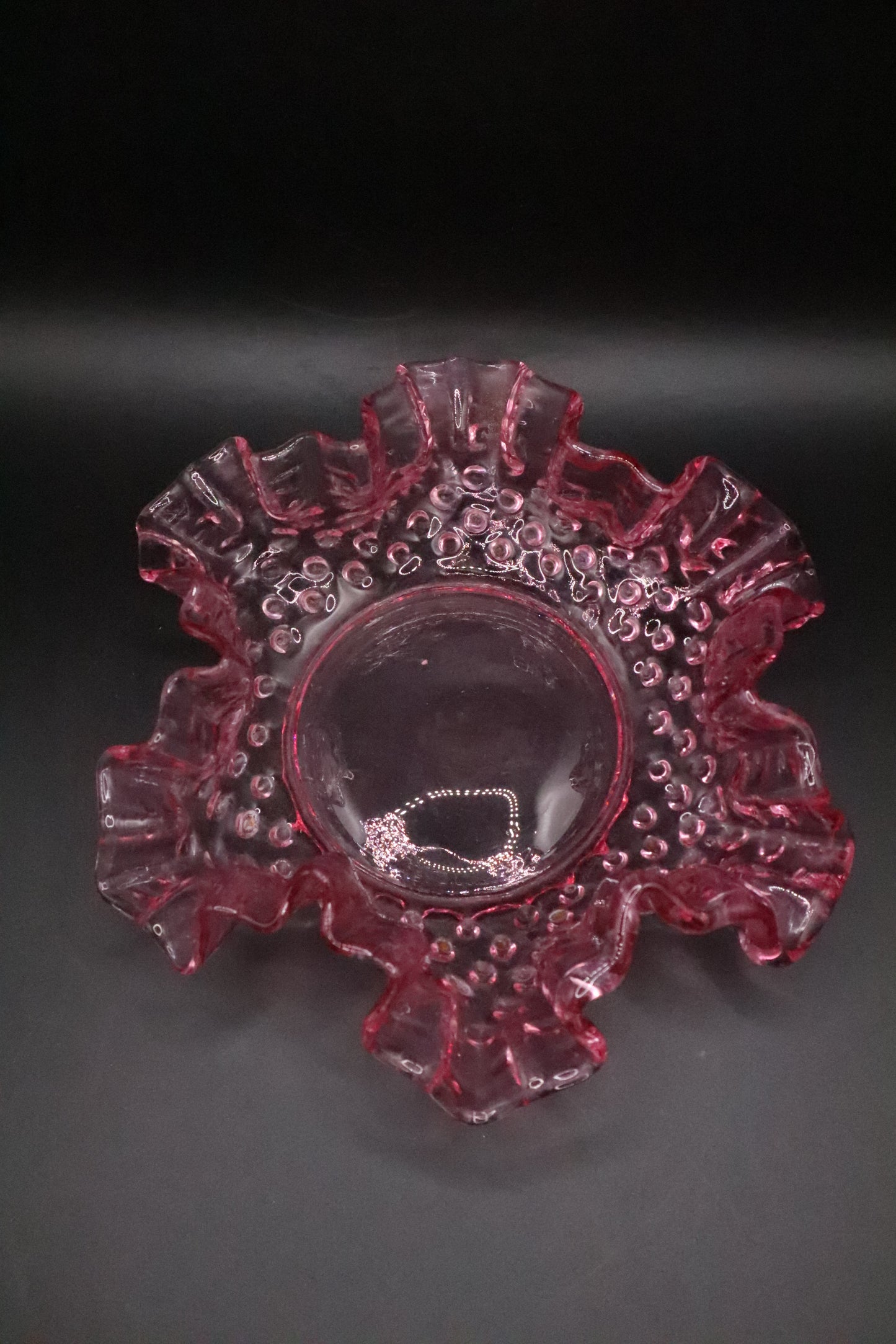 VINTAGE FENTON PINK HOBNAIL CANDY DISH RUFFLED EDGE