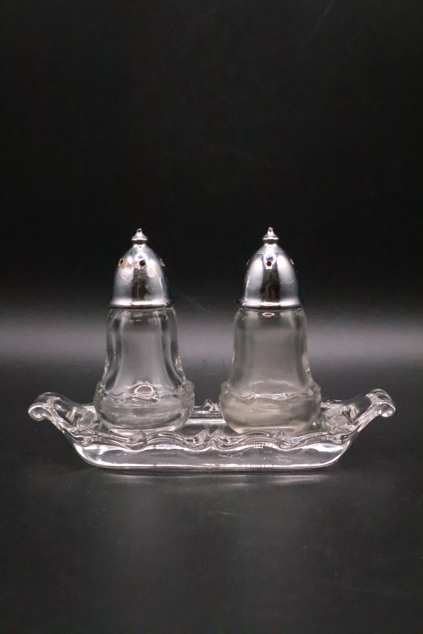 FOSTORIA CENTURY SALT AND PEPPER WITH METAL LIDS AND BASE