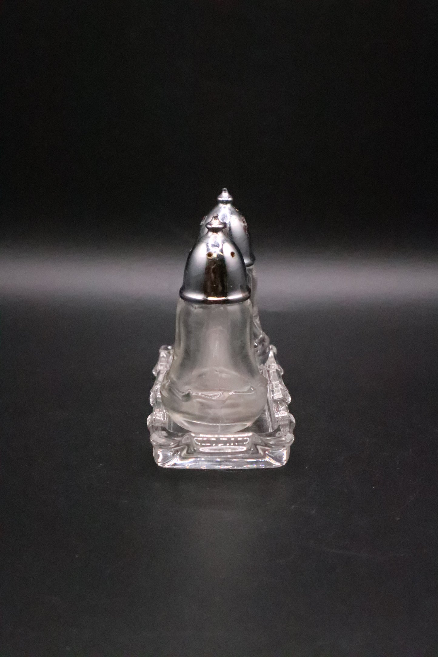 FOSTORIA CENTURY SALT AND PEPPER WITH METAL LIDS AND BASE