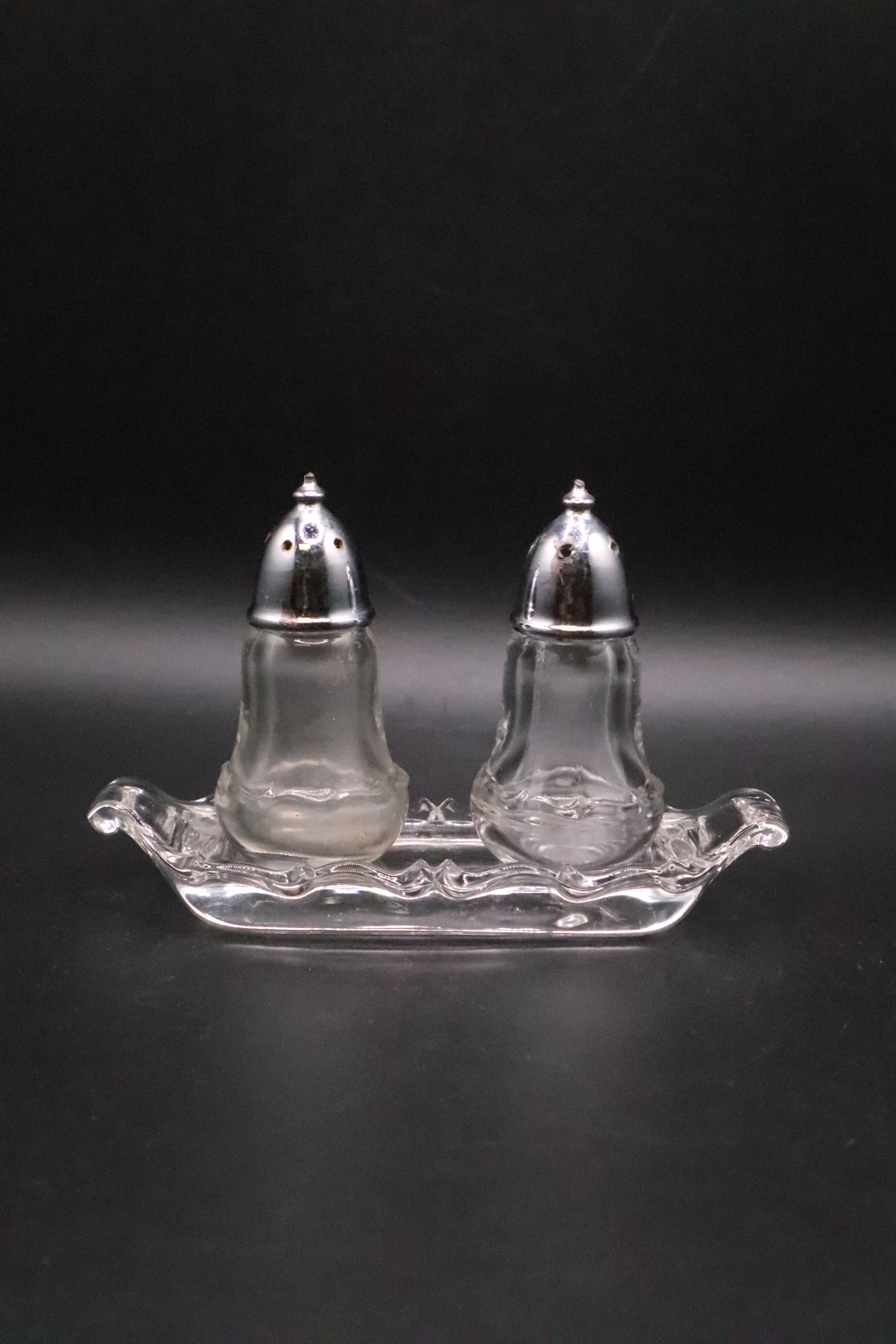 FOSTORIA CENTURY SALT AND PEPPER WITH METAL LIDS AND BASE