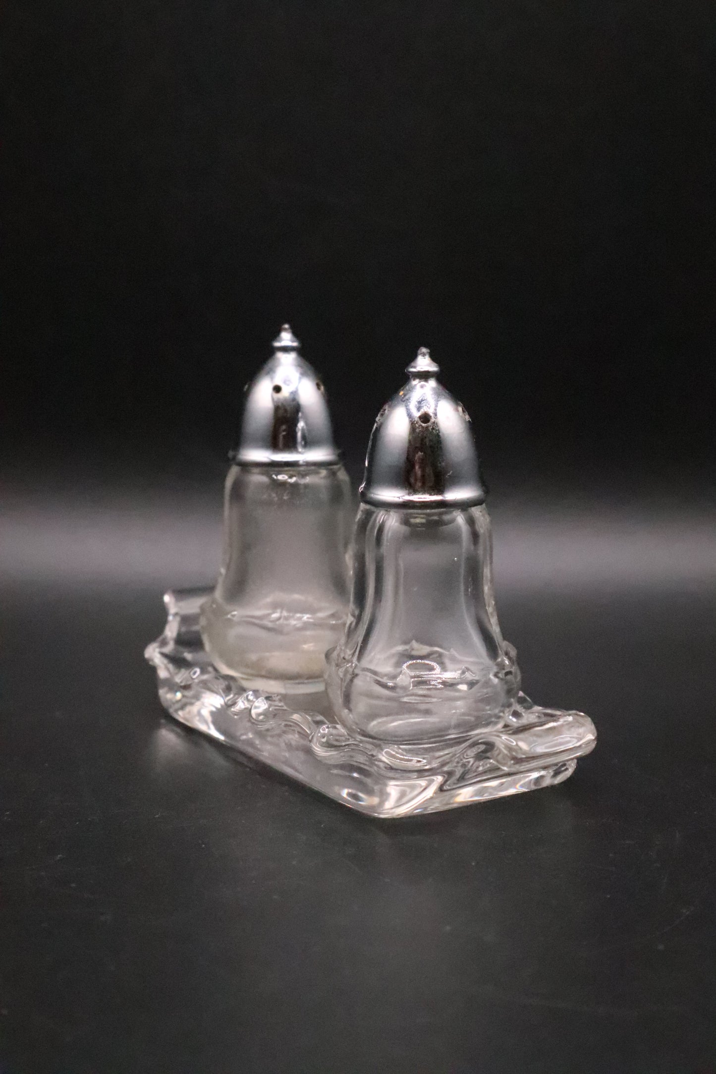 FOSTORIA CENTURY SALT AND PEPPER WITH METAL LIDS AND BASE