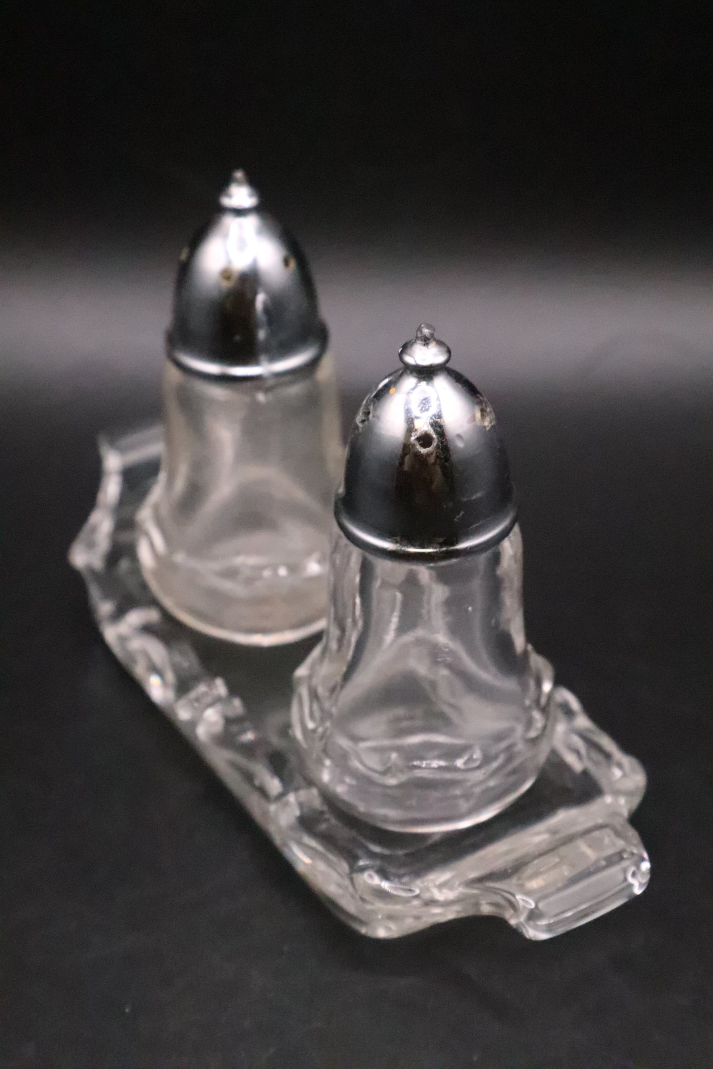 FOSTORIA CENTURY SALT AND PEPPER WITH METAL LIDS AND BASE