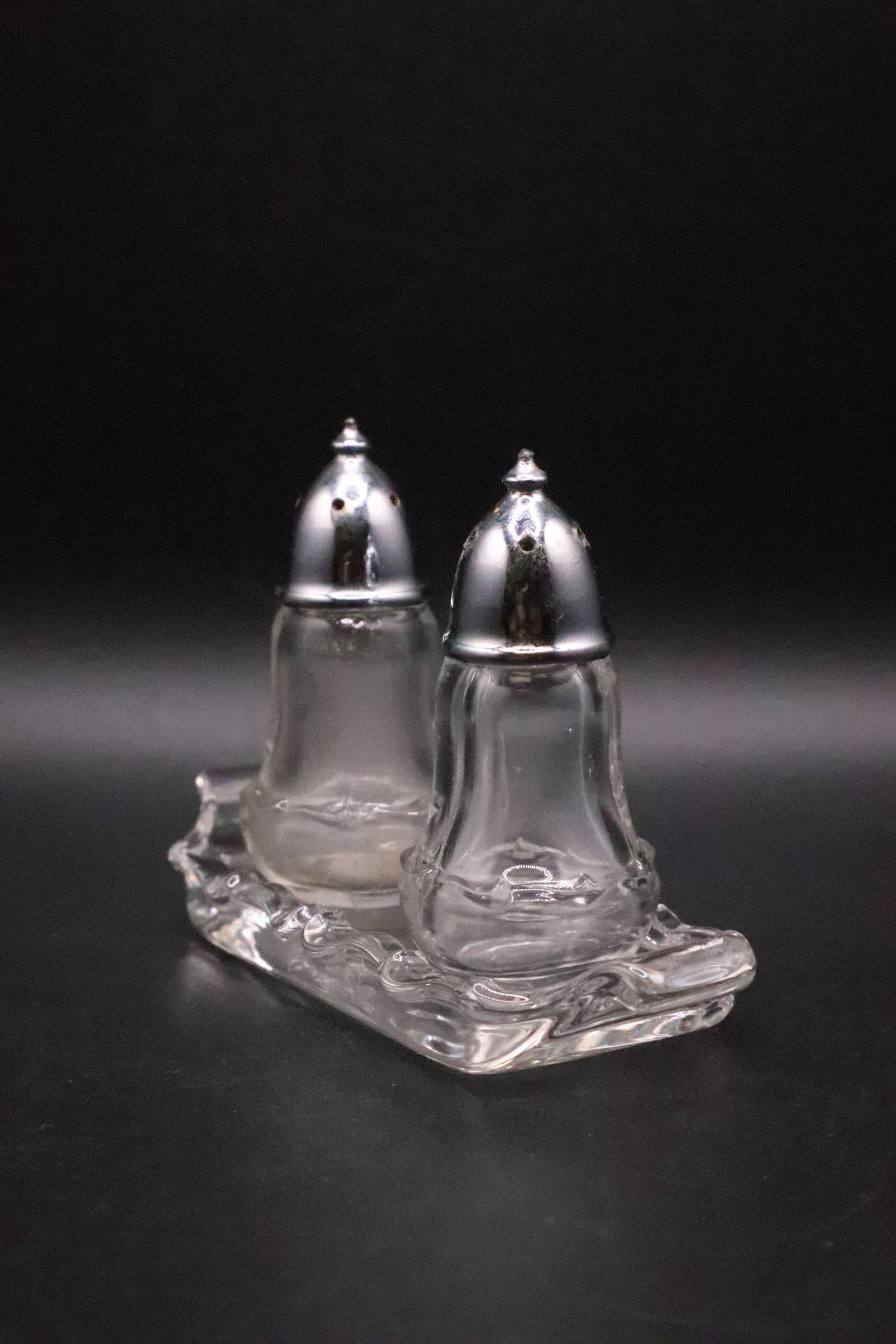 FOSTORIA CENTURY SALT AND PEPPER WITH METAL LIDS AND BASE