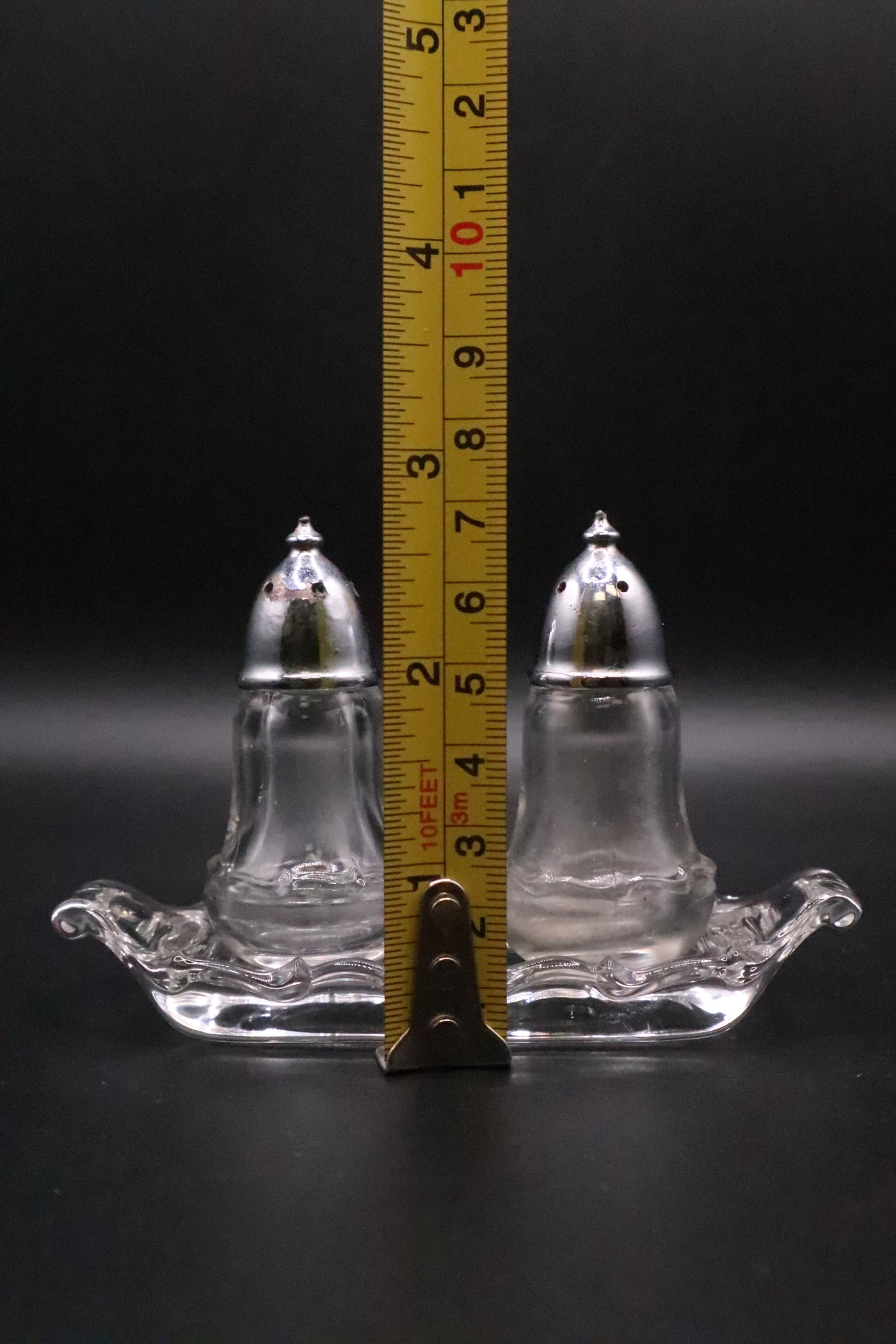 FOSTORIA CENTURY SALT AND PEPPER WITH METAL LIDS AND BASE