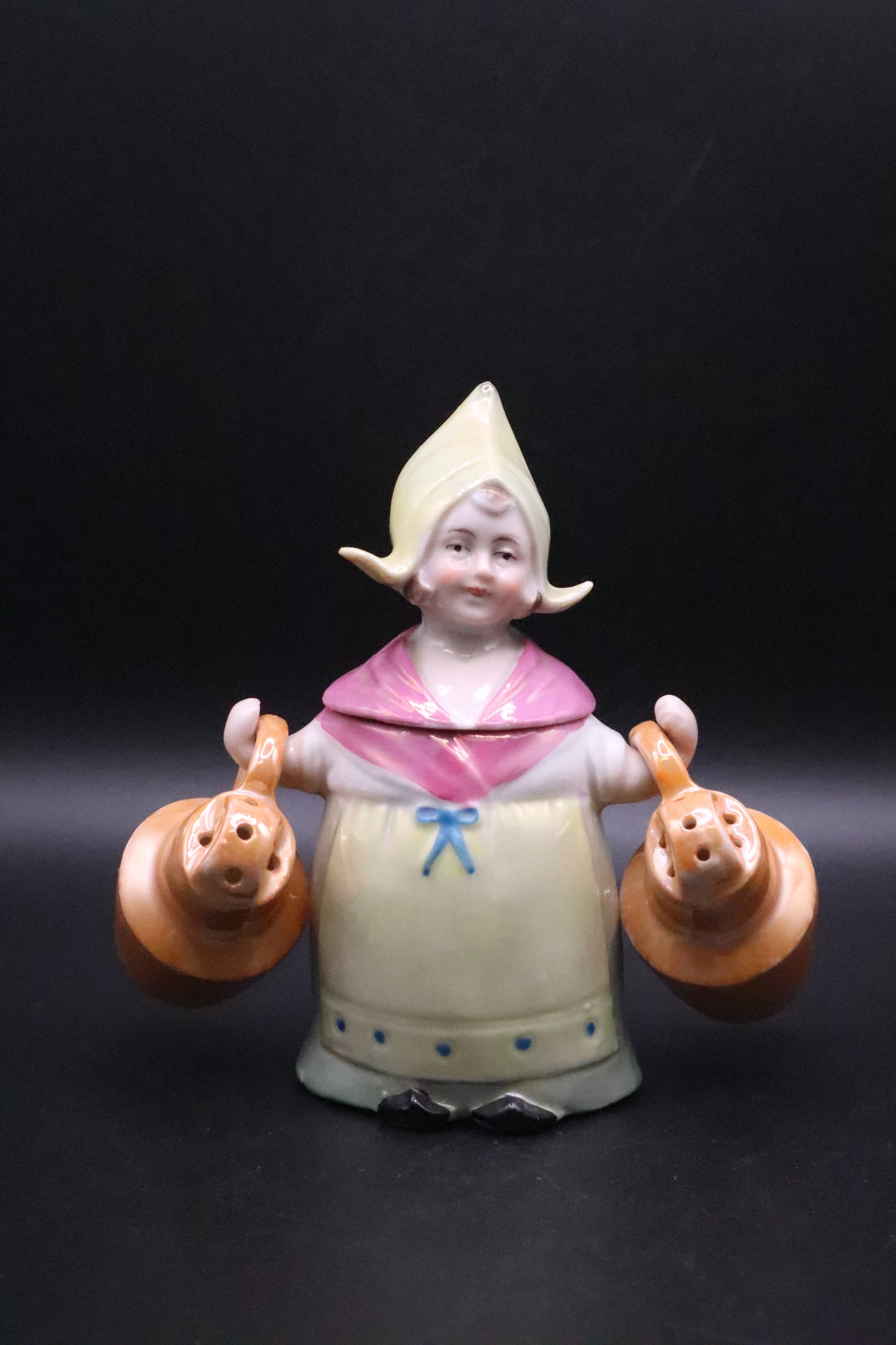 VINTAGE GERMAN PORCELAIN LUSTRE MILKMAID SALT AND PEPPER AND CONDIMENT HOLDER