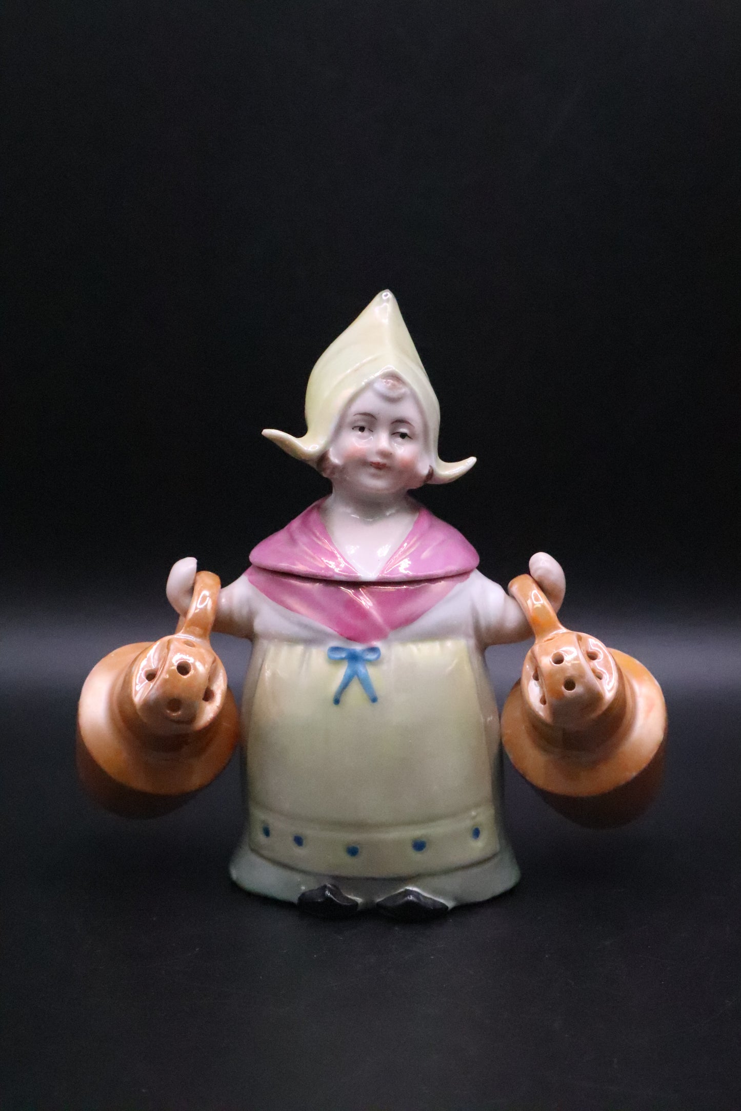 VINTAGE GERMAN PORCELAIN LUSTRE MILKMAID SALT AND PEPPER AND CONDIMENT HOLDER