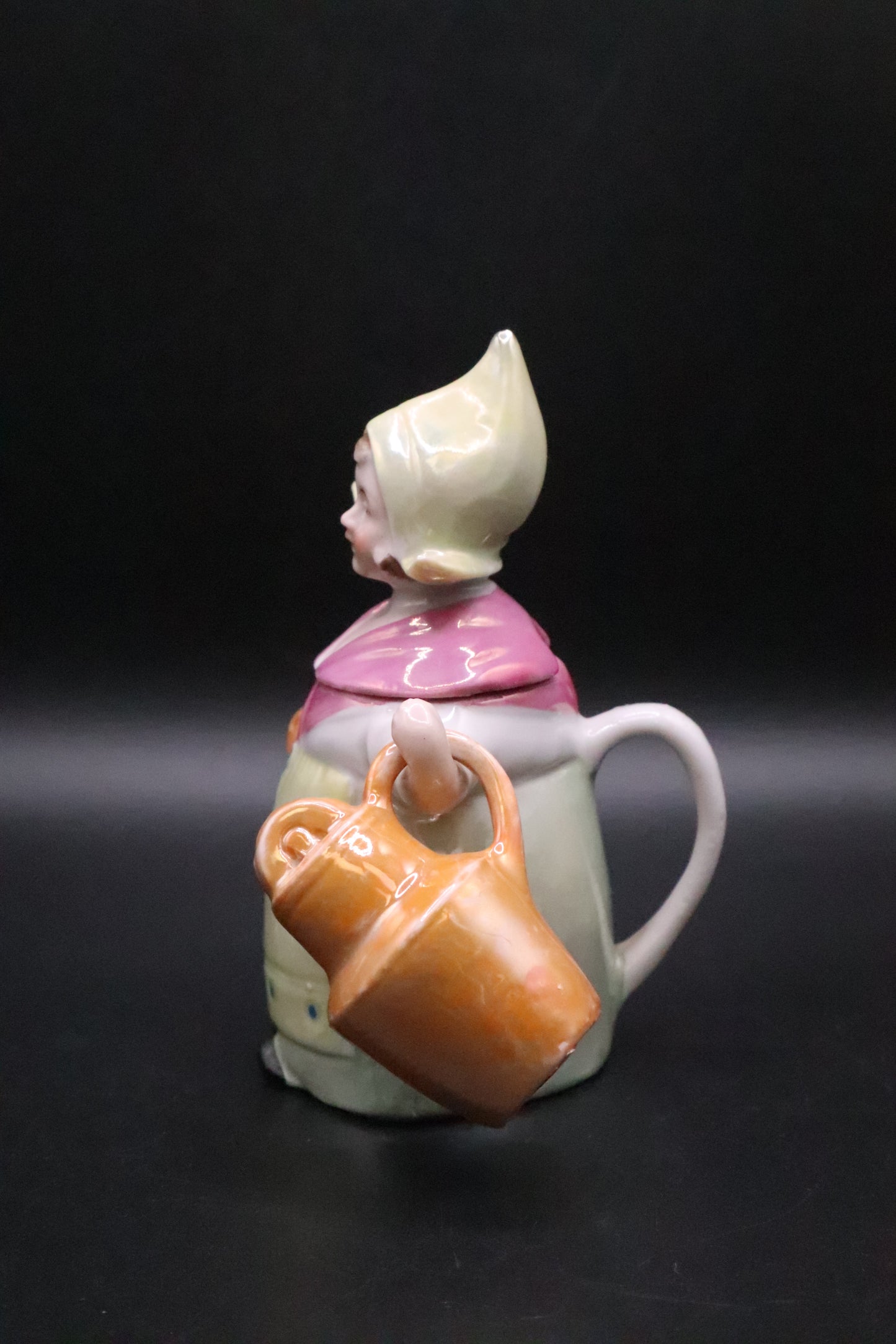 VINTAGE GERMAN PORCELAIN LUSTRE MILKMAID SALT AND PEPPER AND CONDIMENT HOLDER