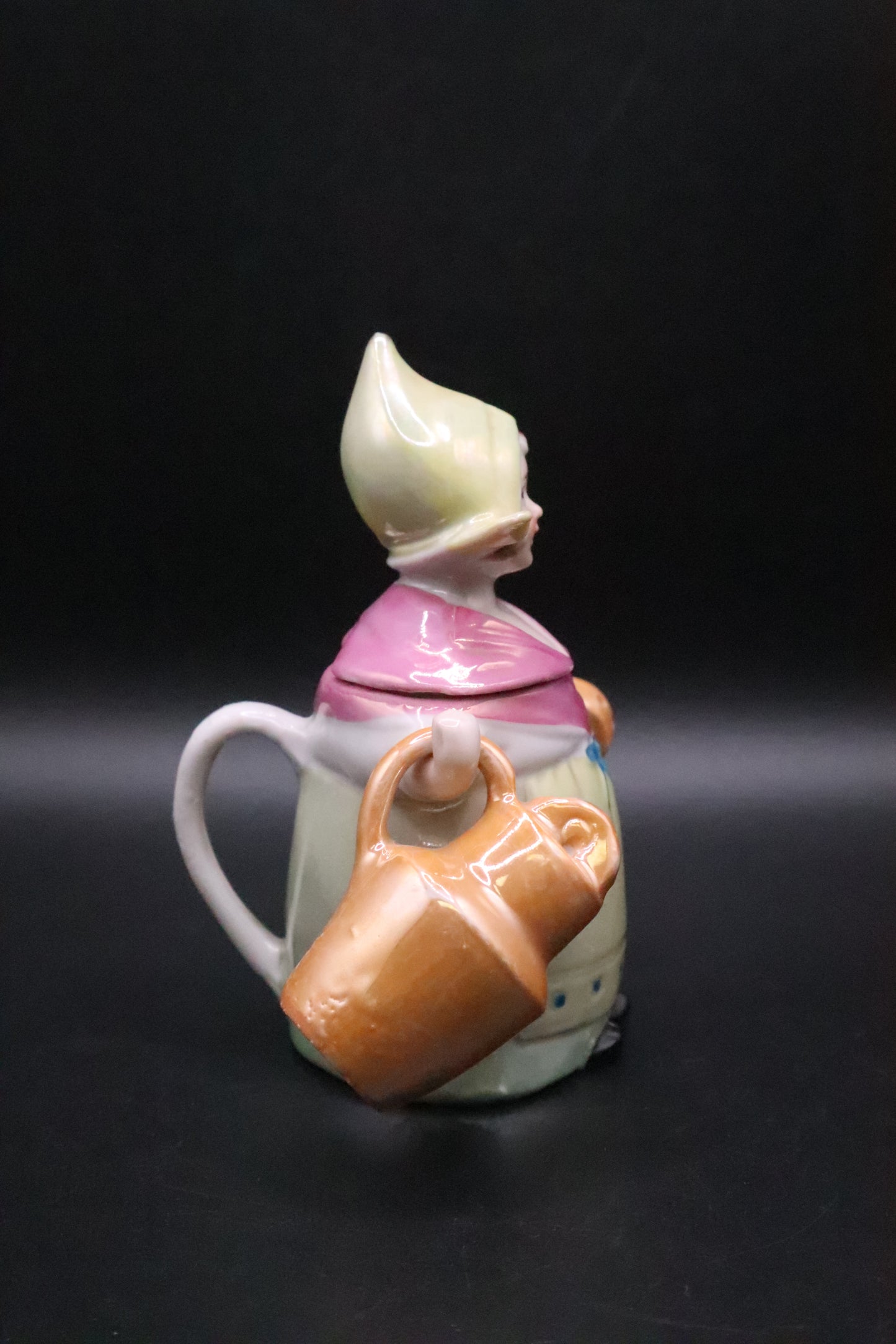 VINTAGE GERMAN PORCELAIN LUSTRE MILKMAID SALT AND PEPPER AND CONDIMENT HOLDER