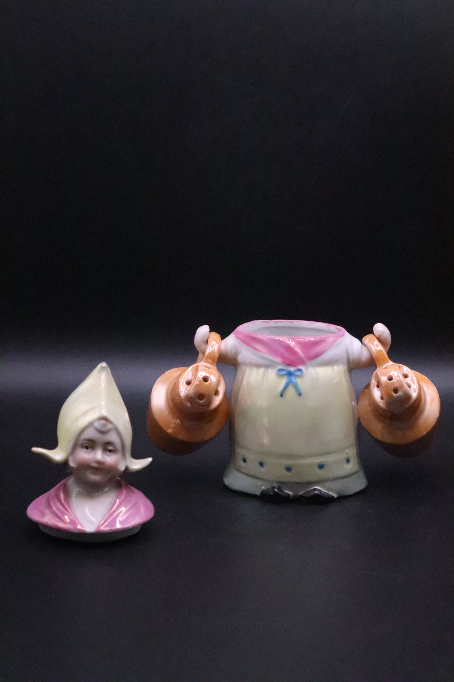 VINTAGE GERMAN PORCELAIN LUSTRE MILKMAID SALT AND PEPPER AND CONDIMENT HOLDER