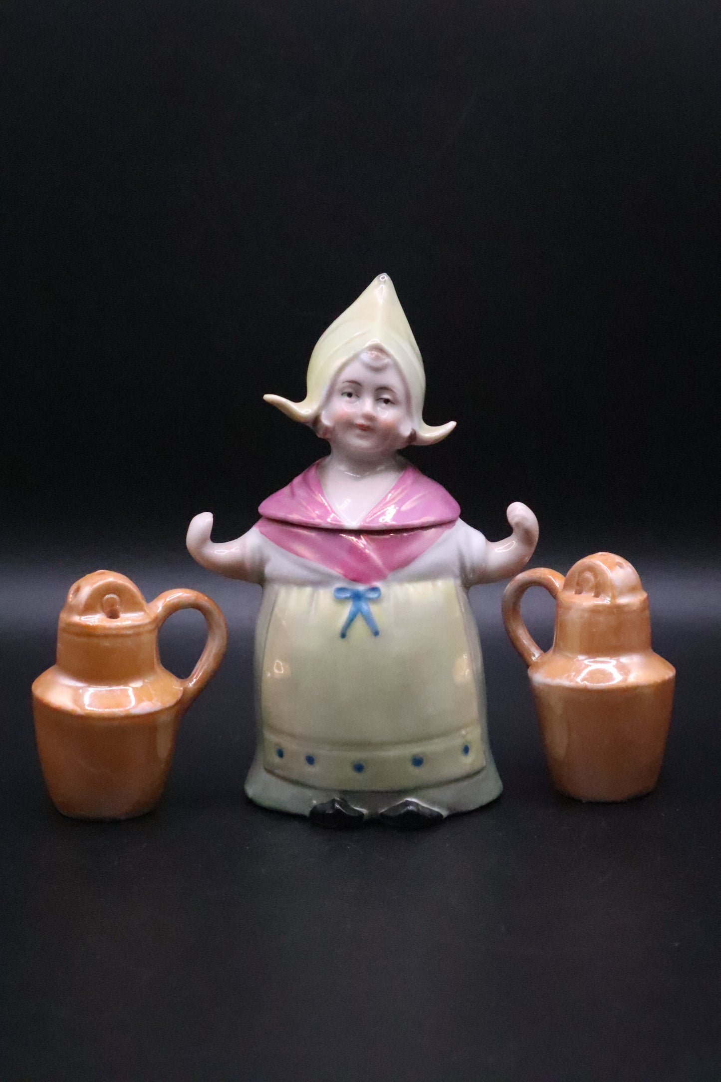 VINTAGE GERMAN PORCELAIN LUSTRE MILKMAID SALT AND PEPPER AND CONDIMENT HOLDER