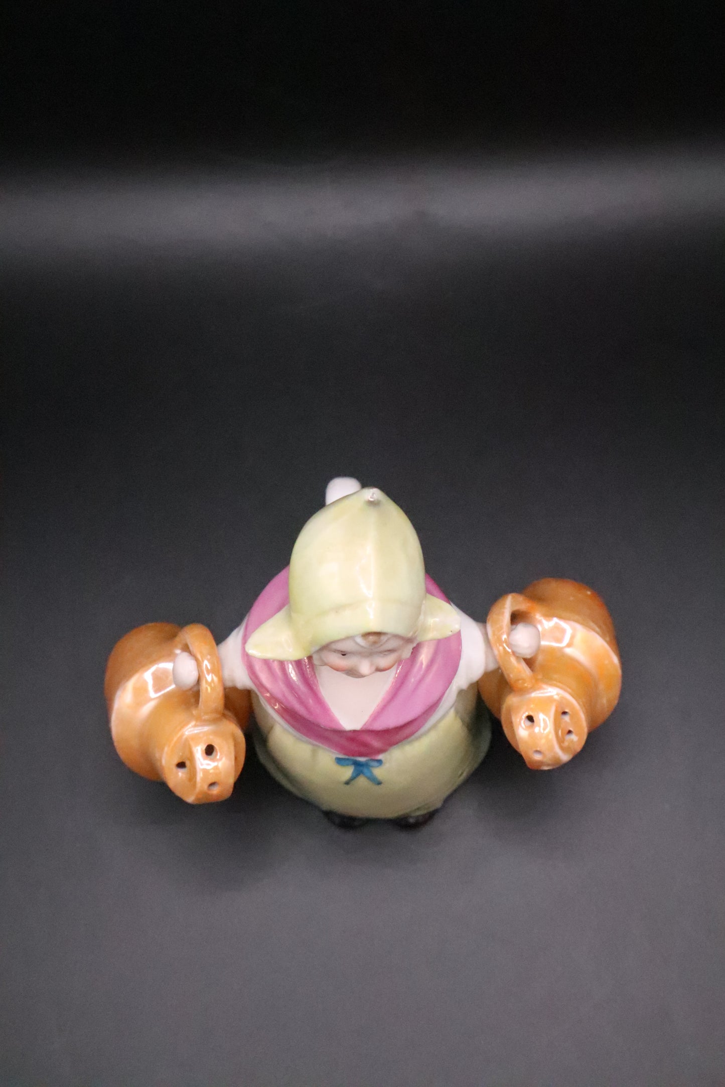 VINTAGE GERMAN PORCELAIN LUSTRE MILKMAID SALT AND PEPPER AND CONDIMENT HOLDER