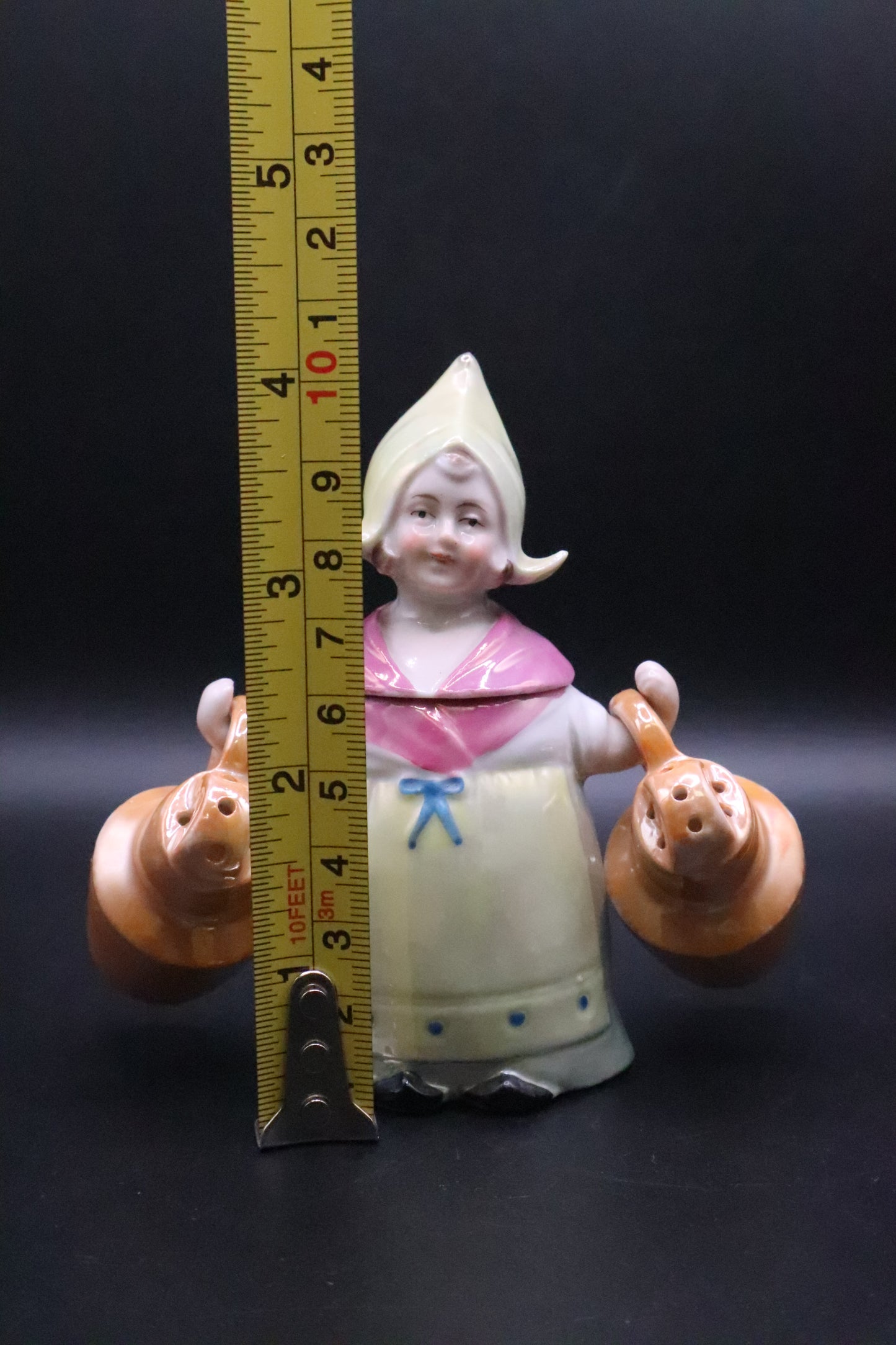 VINTAGE GERMAN PORCELAIN LUSTRE MILKMAID SALT AND PEPPER AND CONDIMENT HOLDER