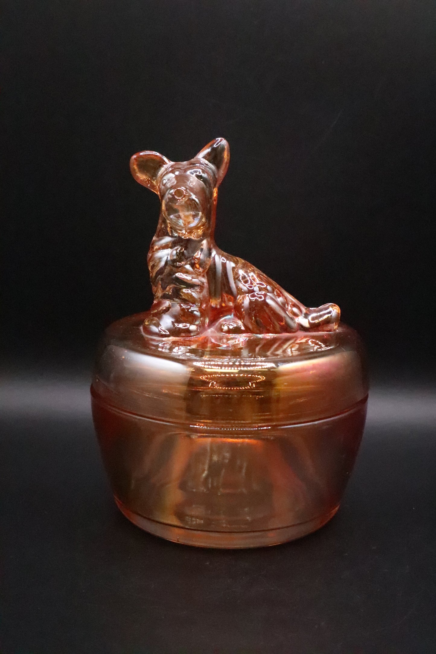 VINTAGE JEANNETTE MARIGOLD CARNIVAL GLASS TERRIER SCOTTY DOG COVERED DISH