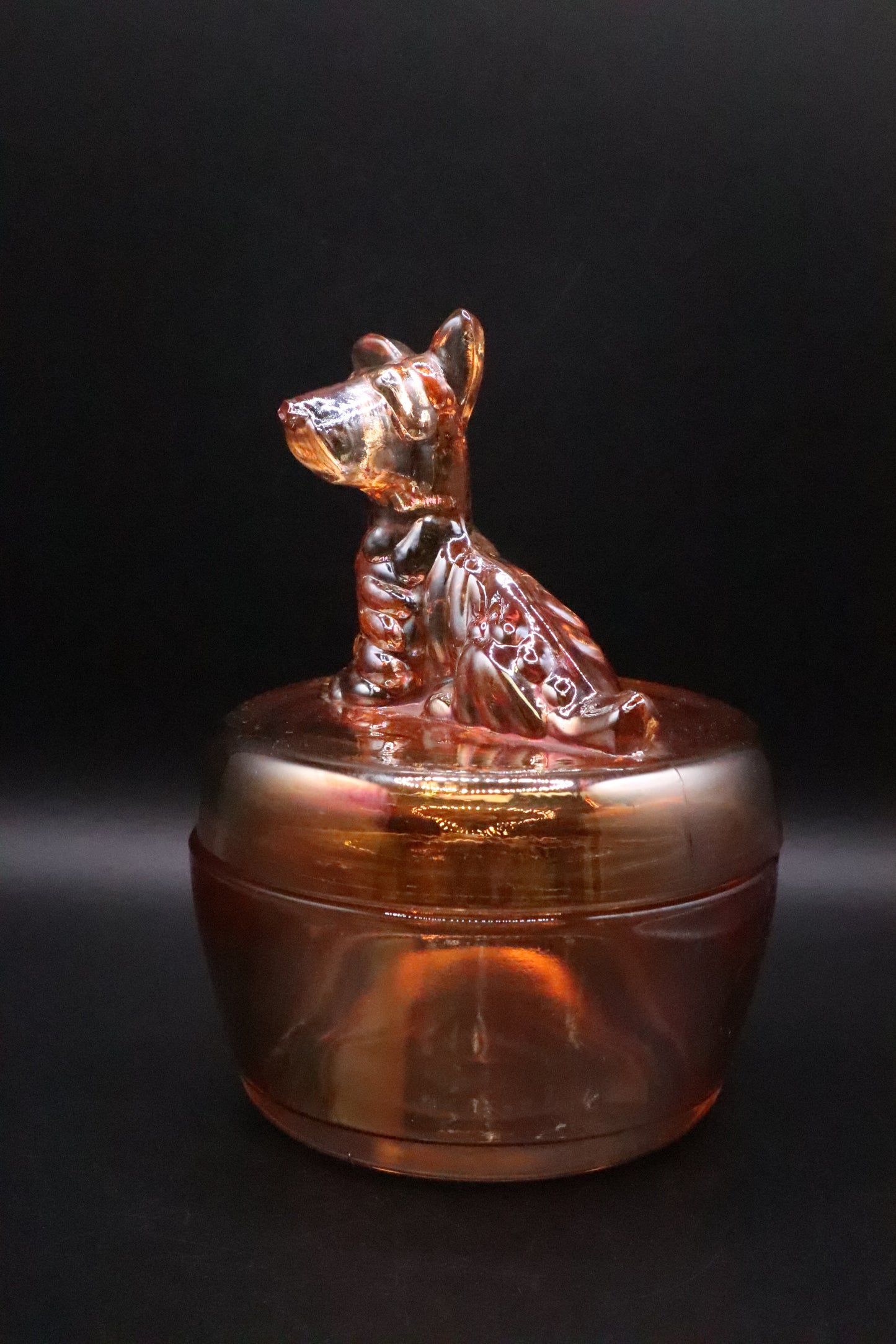 VINTAGE JEANNETTE MARIGOLD CARNIVAL GLASS TERRIER SCOTTY DOG COVERED DISH