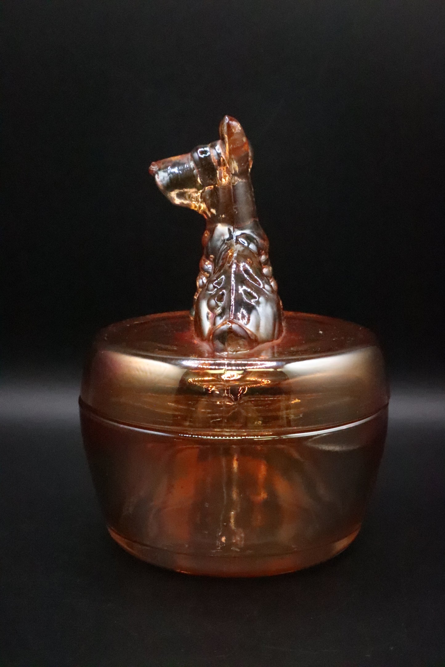 VINTAGE JEANNETTE MARIGOLD CARNIVAL GLASS TERRIER SCOTTY DOG COVERED DISH