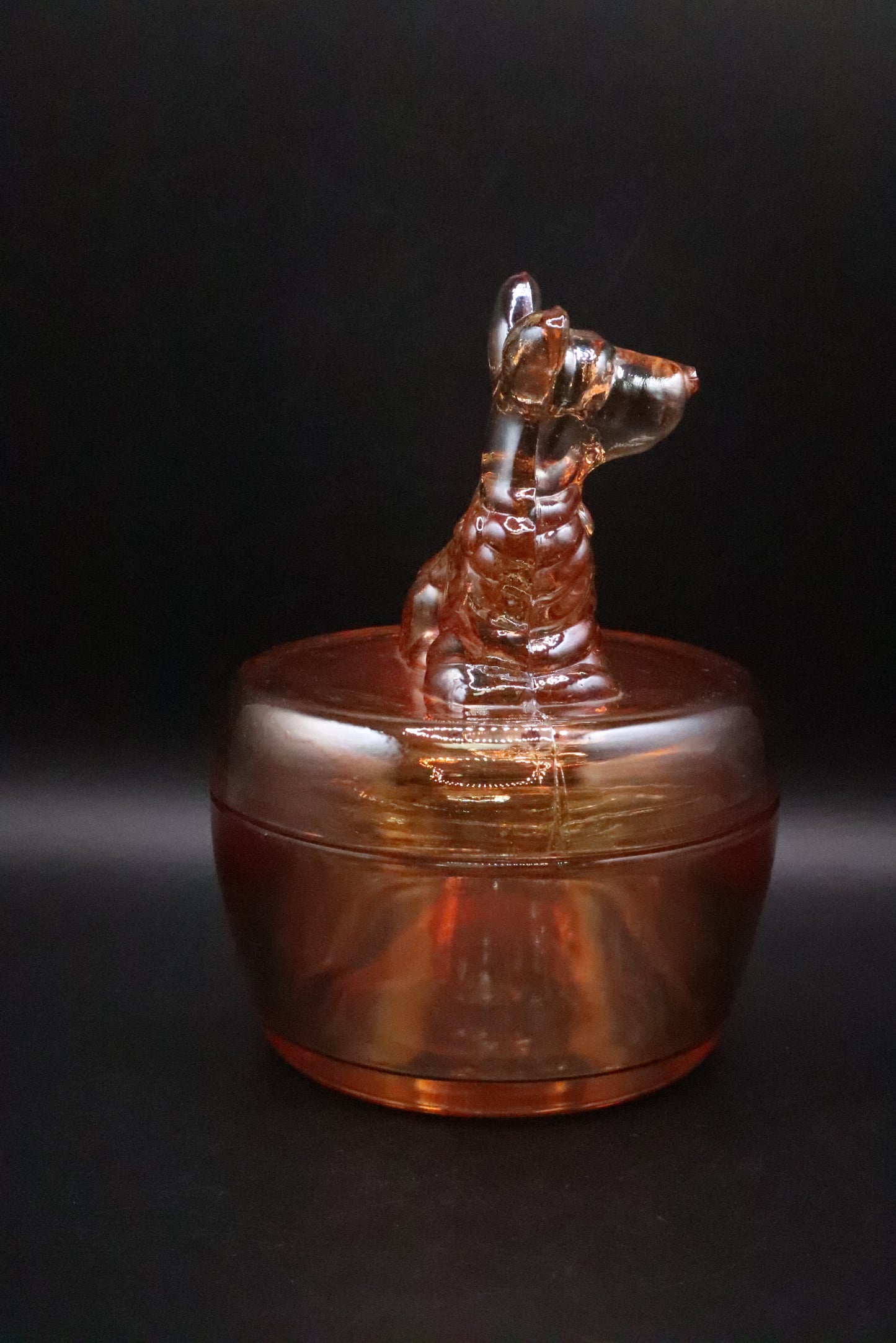 VINTAGE JEANNETTE MARIGOLD CARNIVAL GLASS TERRIER SCOTTY DOG COVERED DISH