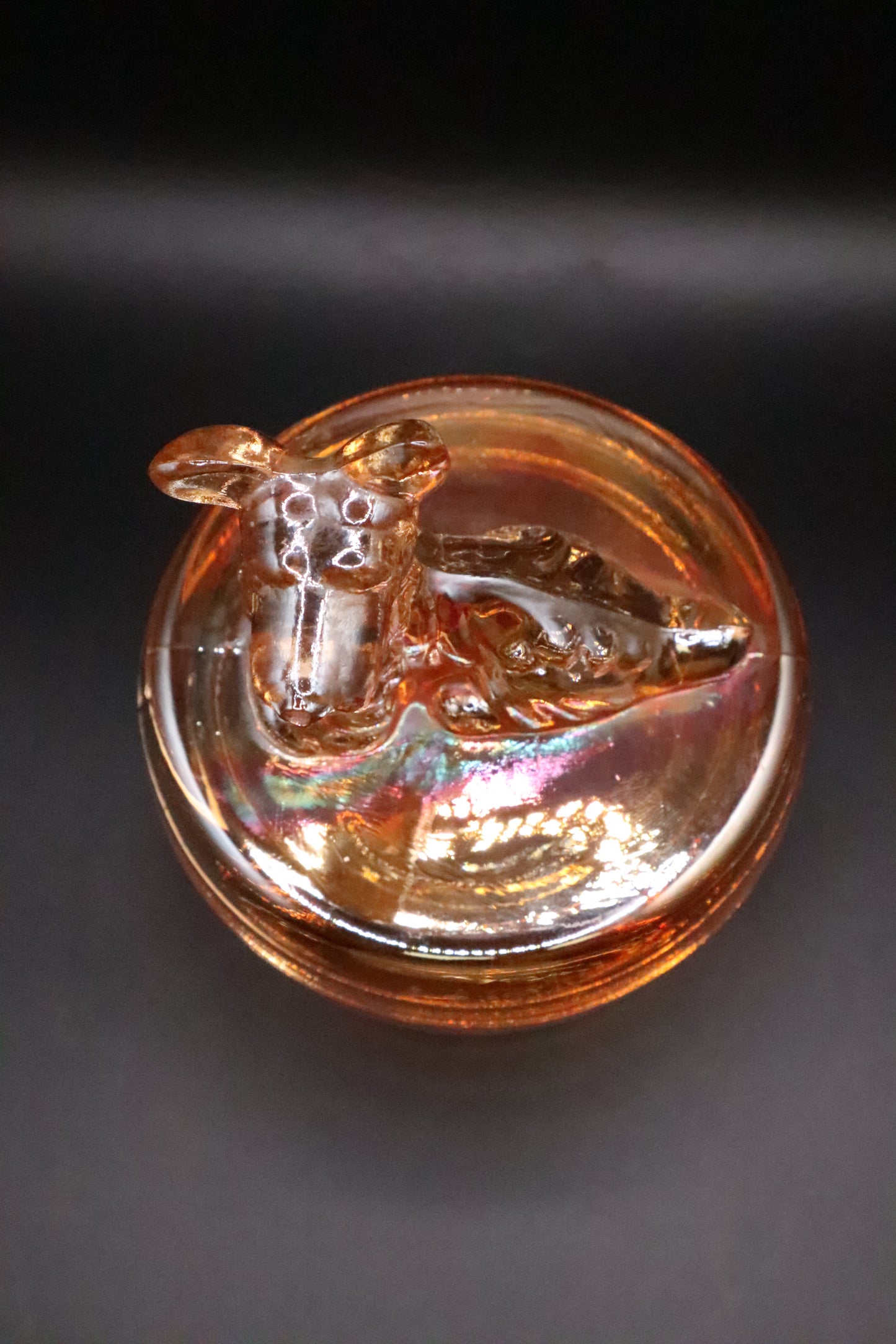 VINTAGE JEANNETTE MARIGOLD CARNIVAL GLASS TERRIER SCOTTY DOG COVERED DISH
