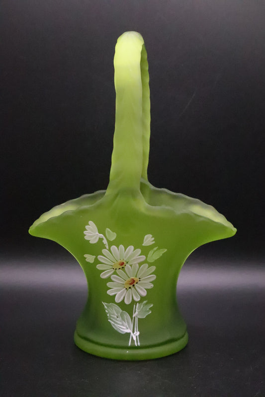 VINTAGE WESTMORELAND GREEN SATIN GLASS BASKET HAND PAINTED DAISIES