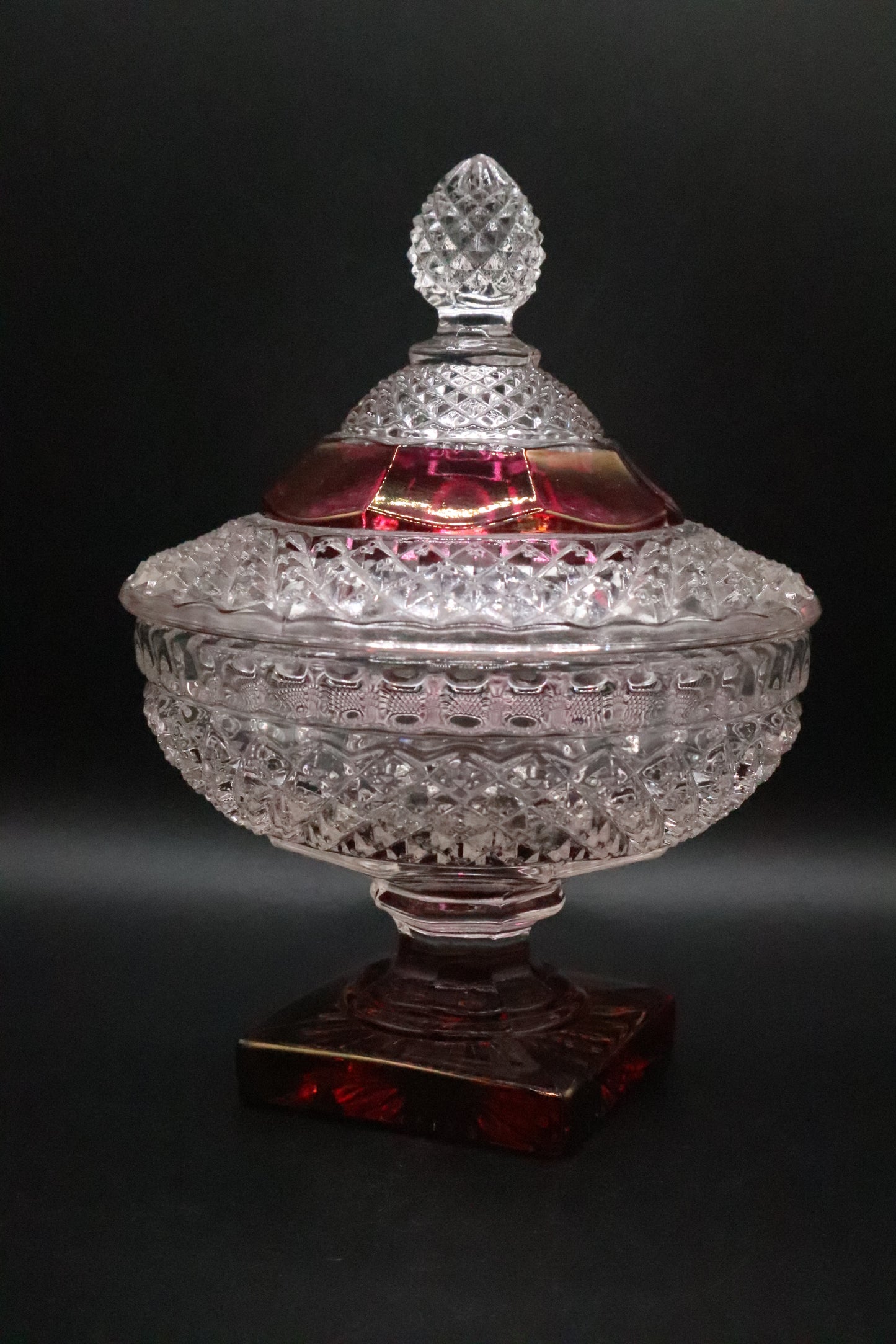 VINTAGE WESTMORELAND ENGLISH HOBNAIL FOOTED CRANBERRY CANDY DISH WITH LID