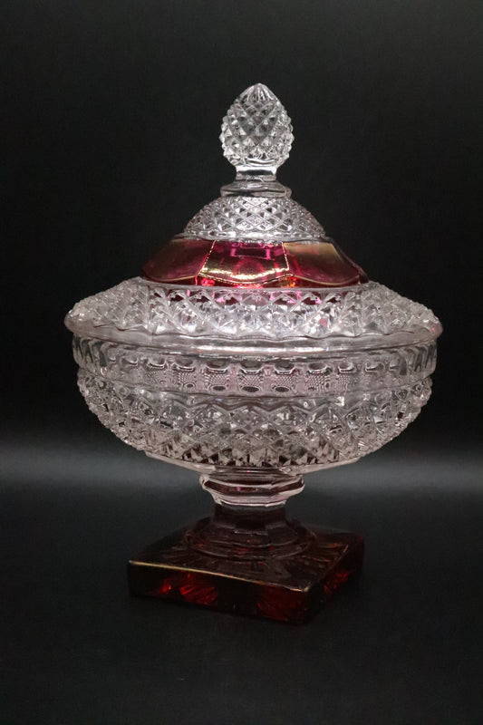 VINTAGE WESTMORELAND ENGLISH HOBNAIL FOOTED CRANBERRY CANDY DISH WITH LID
