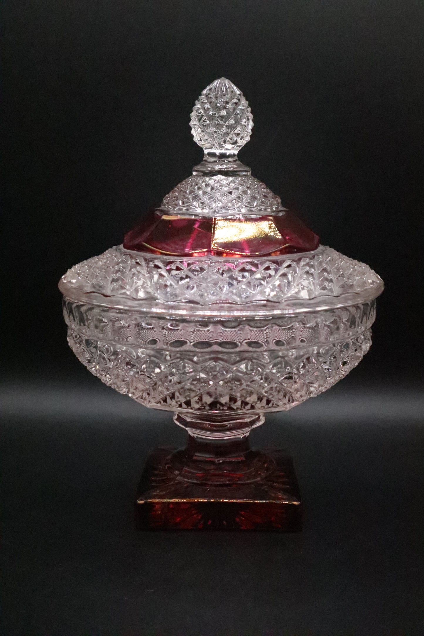 VINTAGE WESTMORELAND ENGLISH HOBNAIL FOOTED CRANBERRY CANDY DISH WITH LID