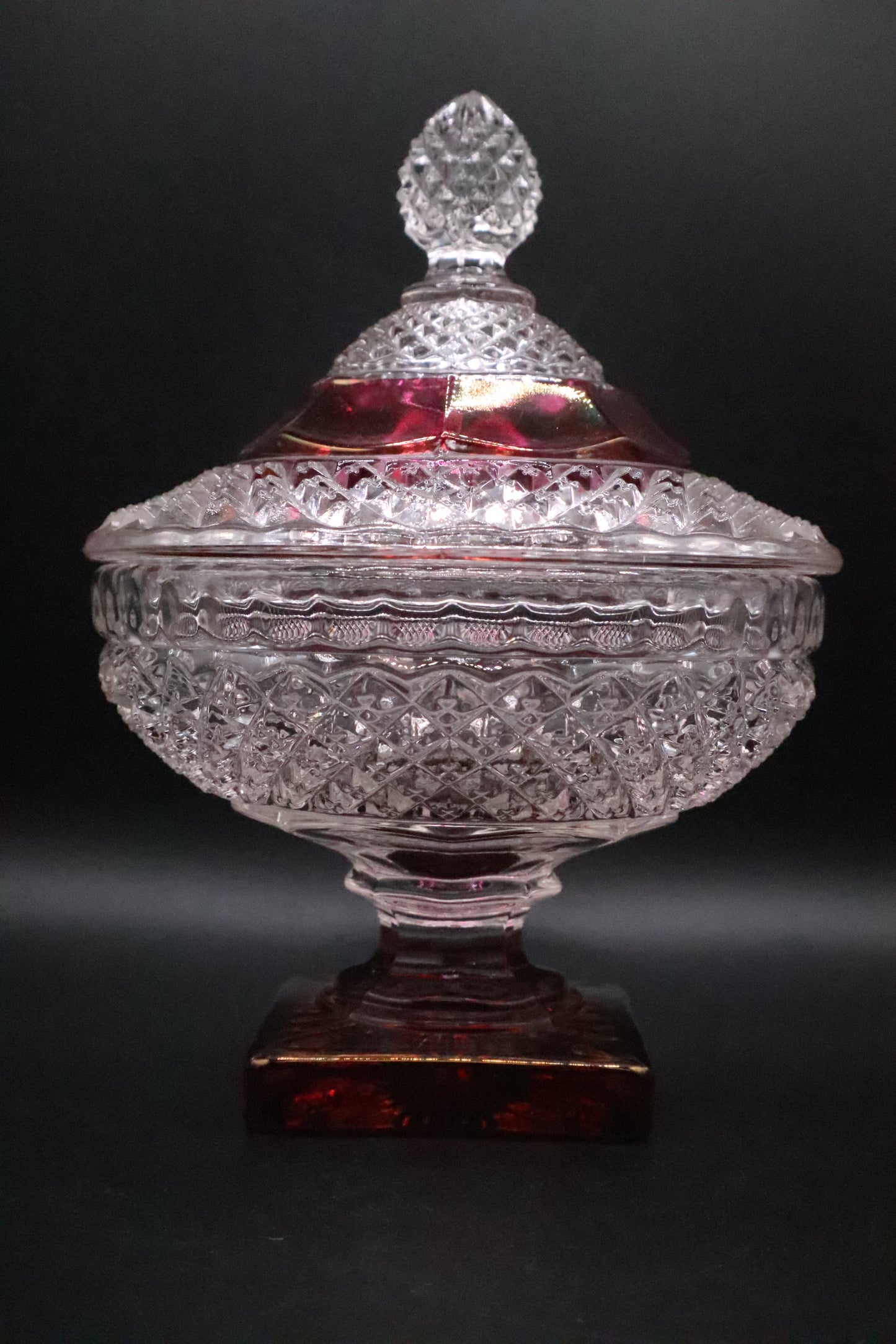 VINTAGE WESTMORELAND ENGLISH HOBNAIL FOOTED CRANBERRY CANDY DISH WITH LID