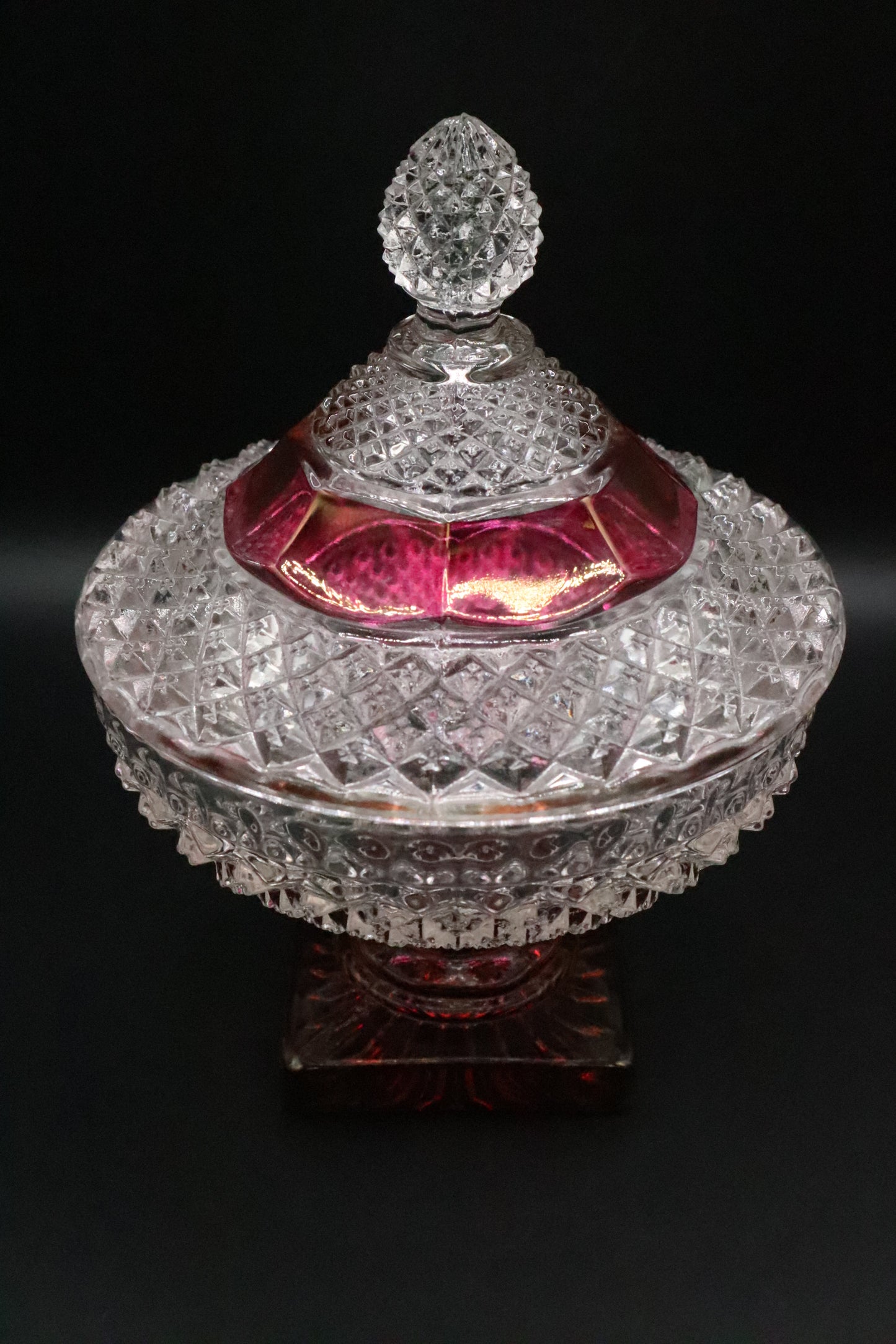 VINTAGE WESTMORELAND ENGLISH HOBNAIL FOOTED CRANBERRY CANDY DISH WITH LID