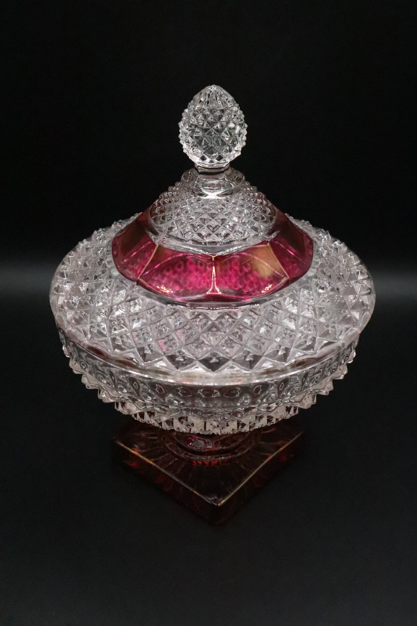 VINTAGE WESTMORELAND ENGLISH HOBNAIL FOOTED CRANBERRY CANDY DISH WITH LID