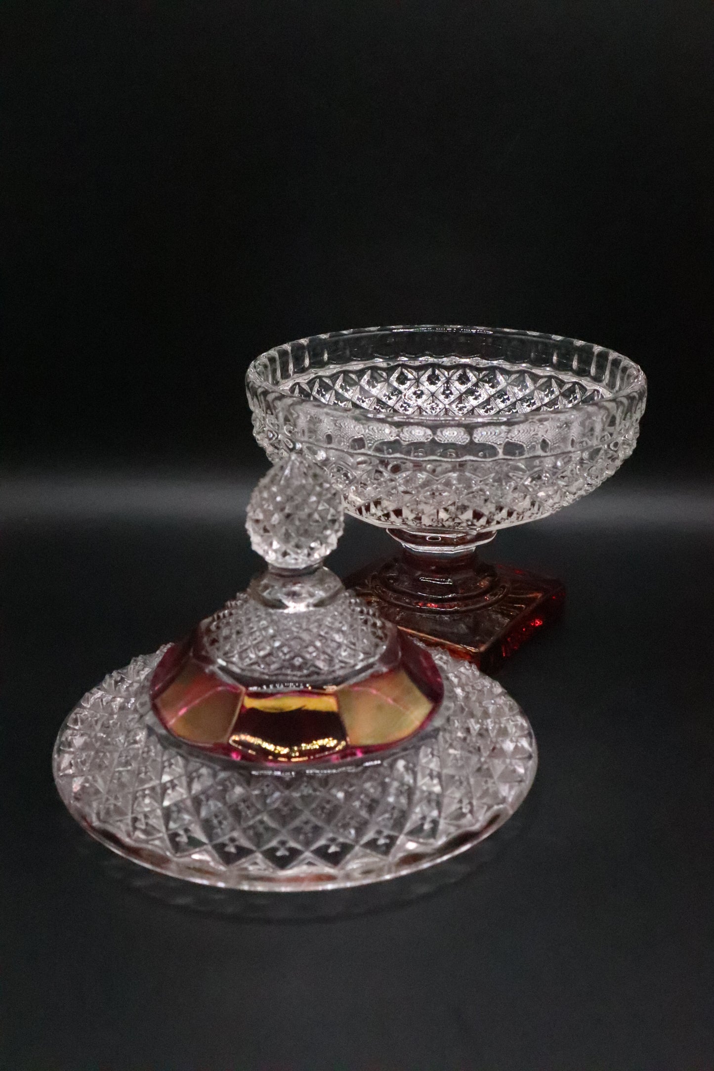 VINTAGE WESTMORELAND ENGLISH HOBNAIL FOOTED CRANBERRY CANDY DISH WITH LID