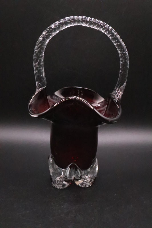 VINTAGE HAND BLOWN RUBY RED GLASS BASKEY
