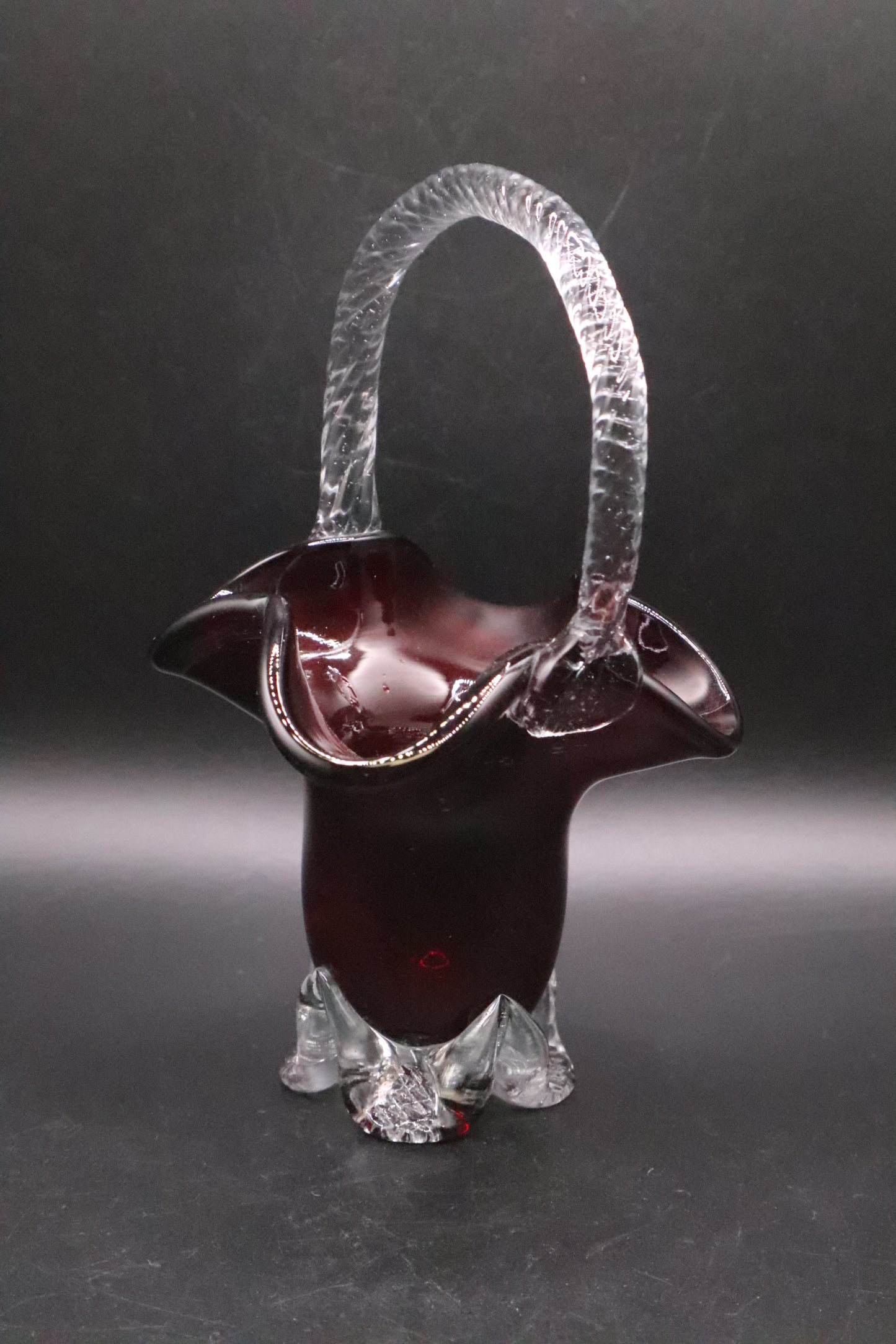 VINTAGE HAND BLOWN RUBY RED GLASS BASKEY