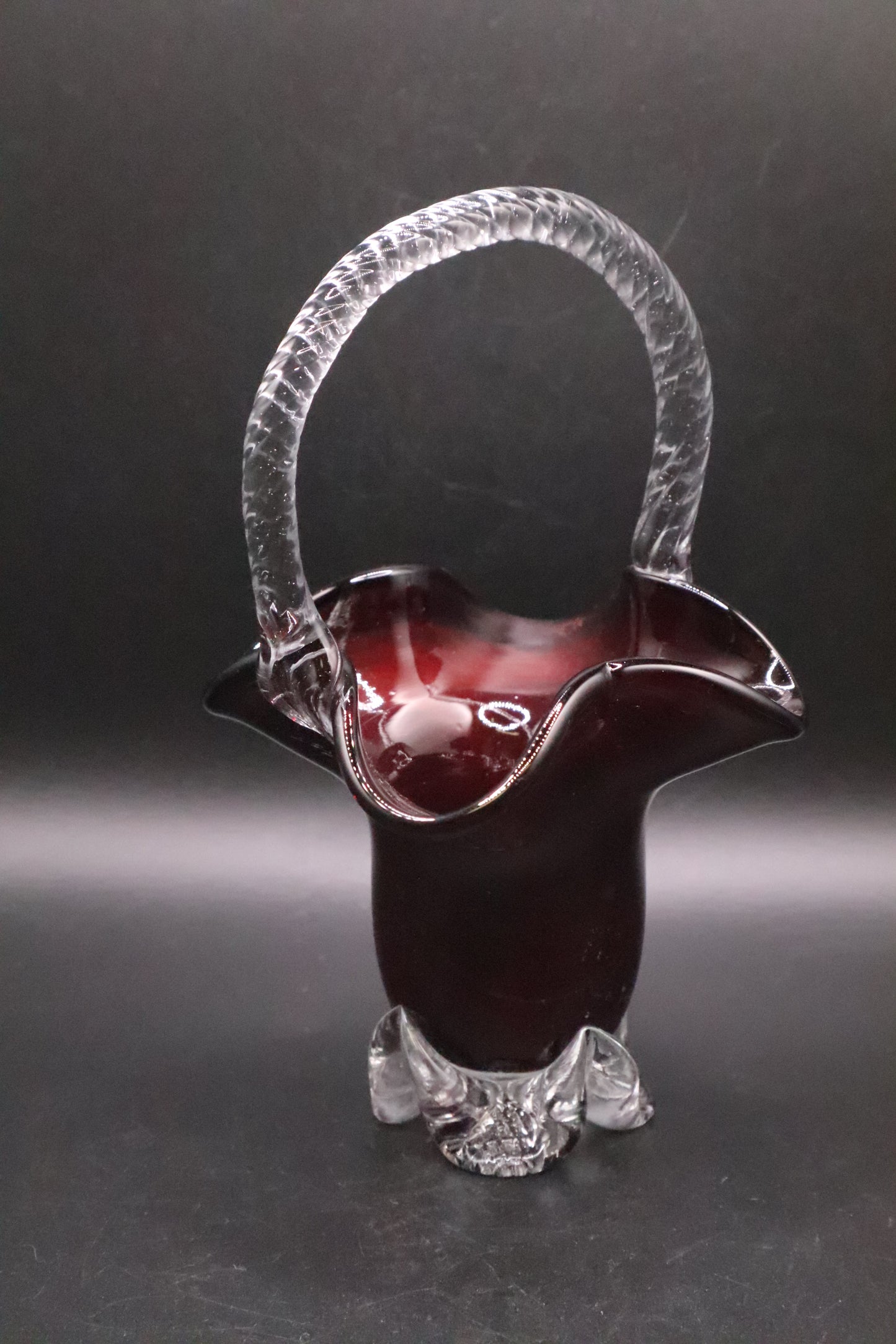 VINTAGE HAND BLOWN RUBY RED GLASS BASKEY