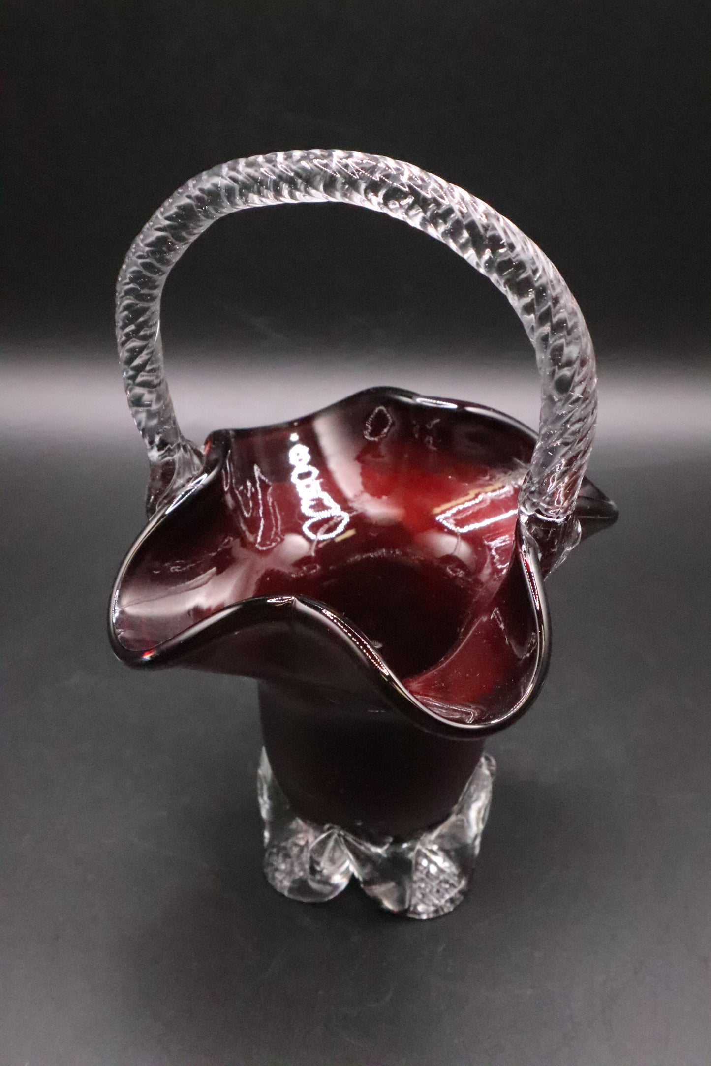 VINTAGE HAND BLOWN RUBY RED GLASS BASKEY