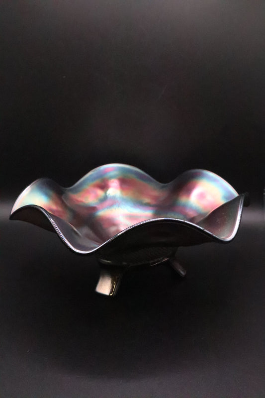 VINTAGE NORTHWOOD AMETHYST CARNIVAL GLASS FOOTED BOWL "FINE CUT & ROSES" (AS IS)