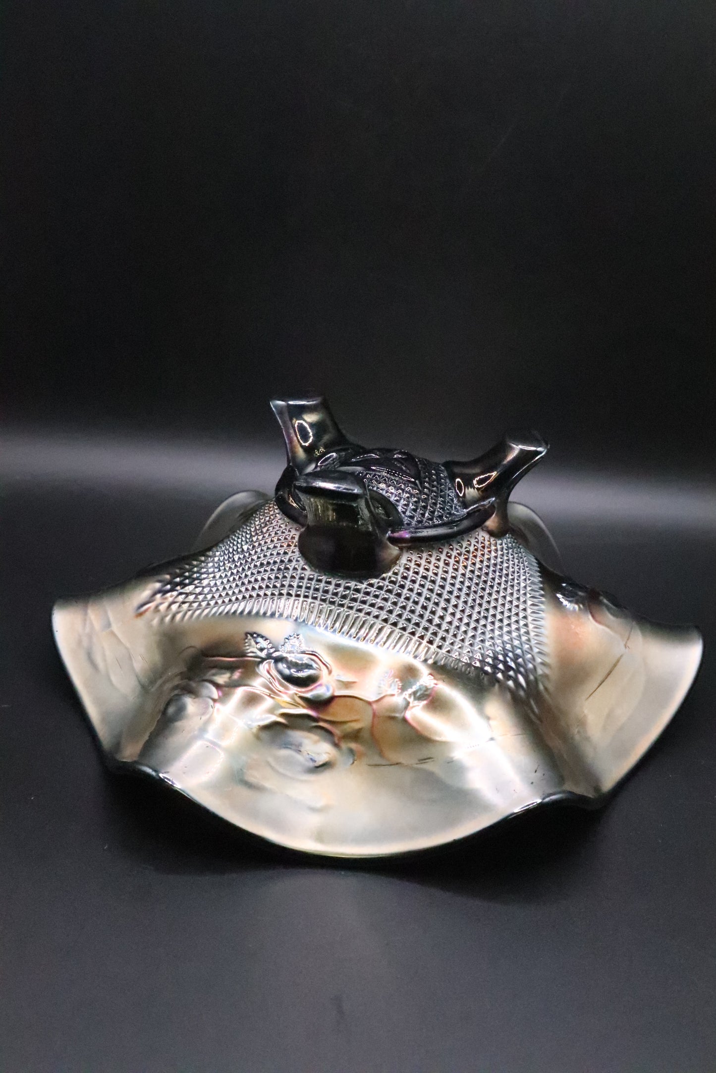 VINTAGE NORTHWOOD AMETHYST CARNIVAL GLASS FOOTED BOWL "FINE CUT & ROSES" (AS IS)