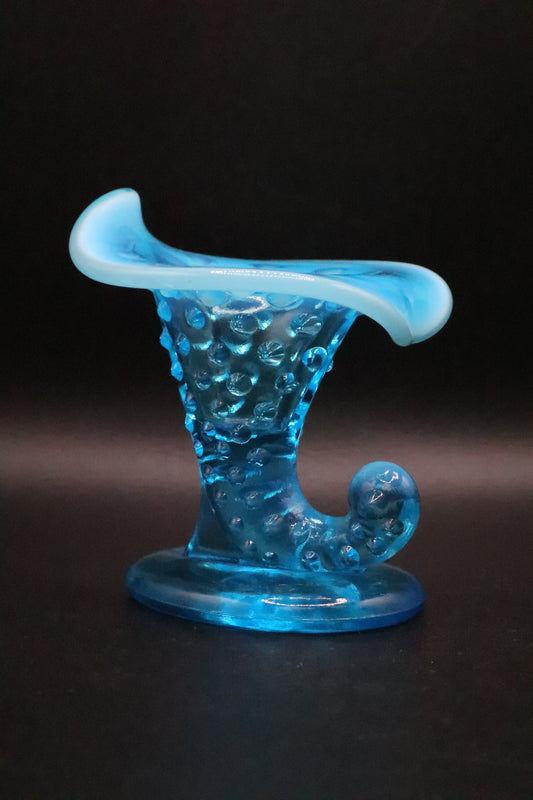 FENTON HOBNAIL BLUE OPALESCENT GLASS VASE HORN