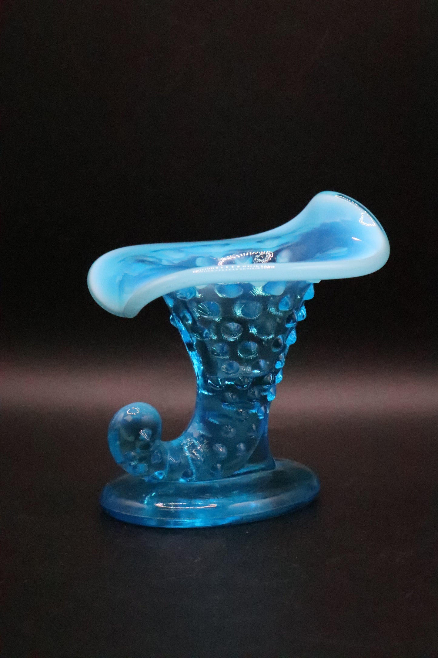 FENTON HOBNAIL BLUE OPALESCENT GLASS VASE HORN