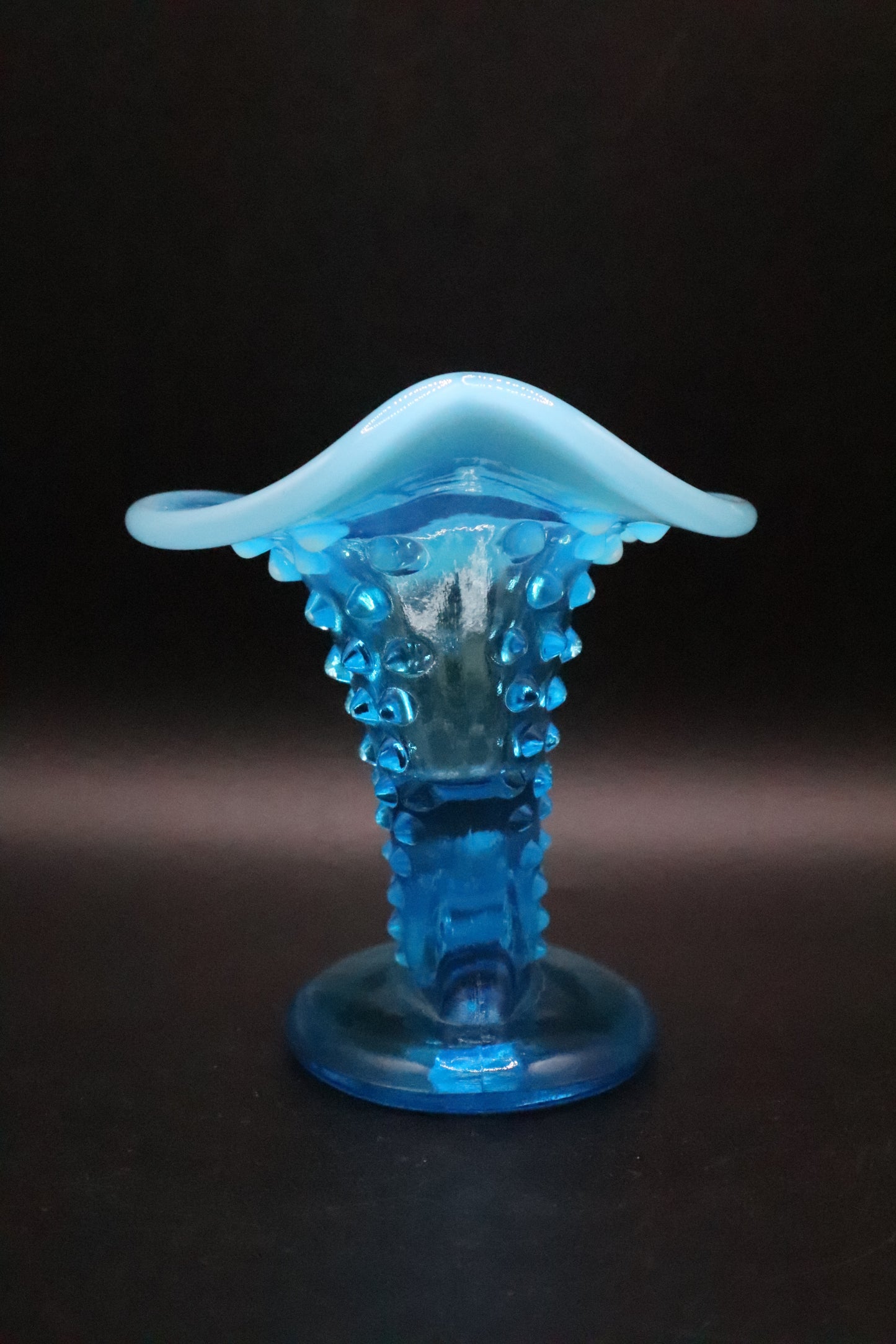 FENTON HOBNAIL BLUE OPALESCENT GLASS VASE HORN