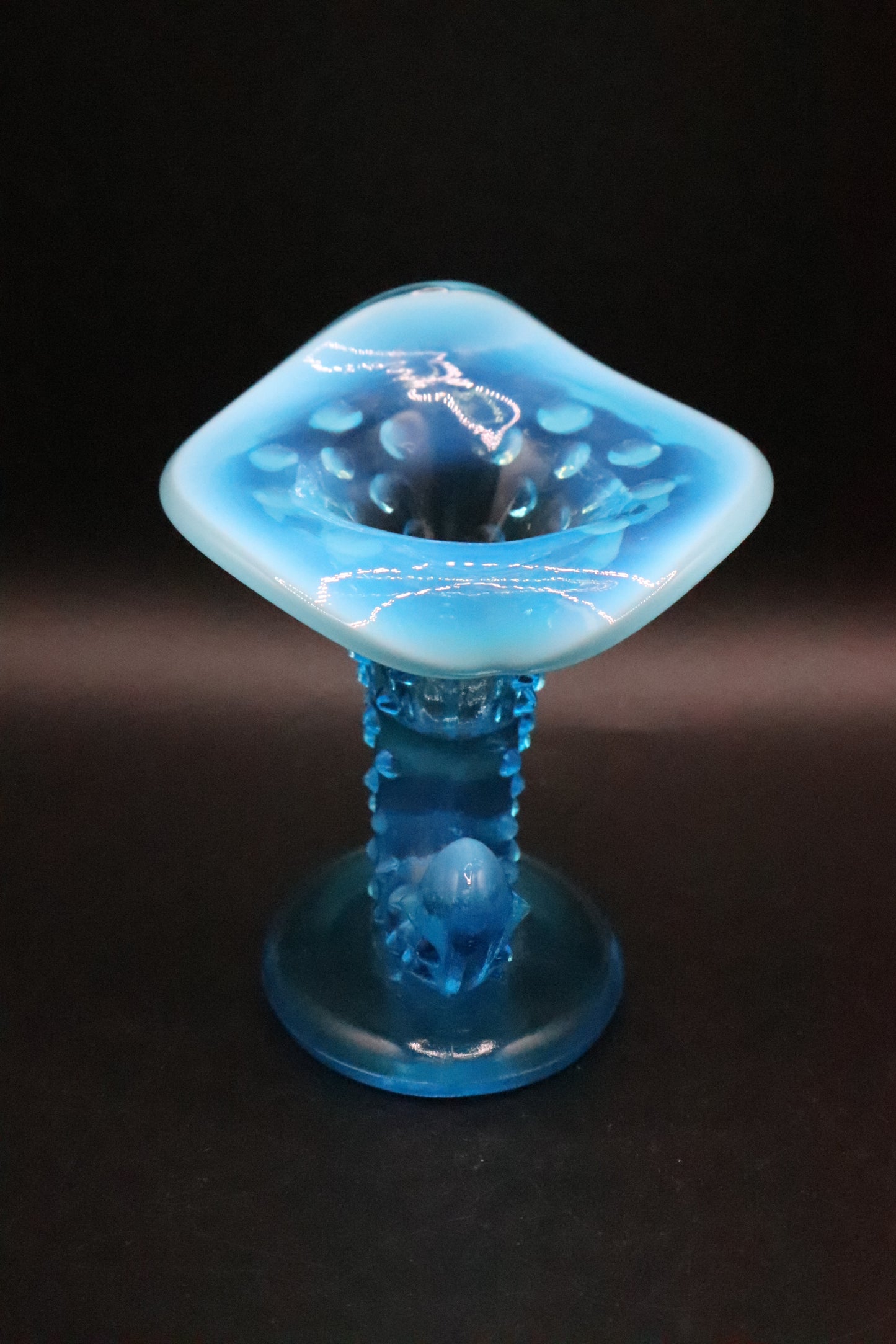 FENTON HOBNAIL BLUE OPALESCENT GLASS VASE HORN