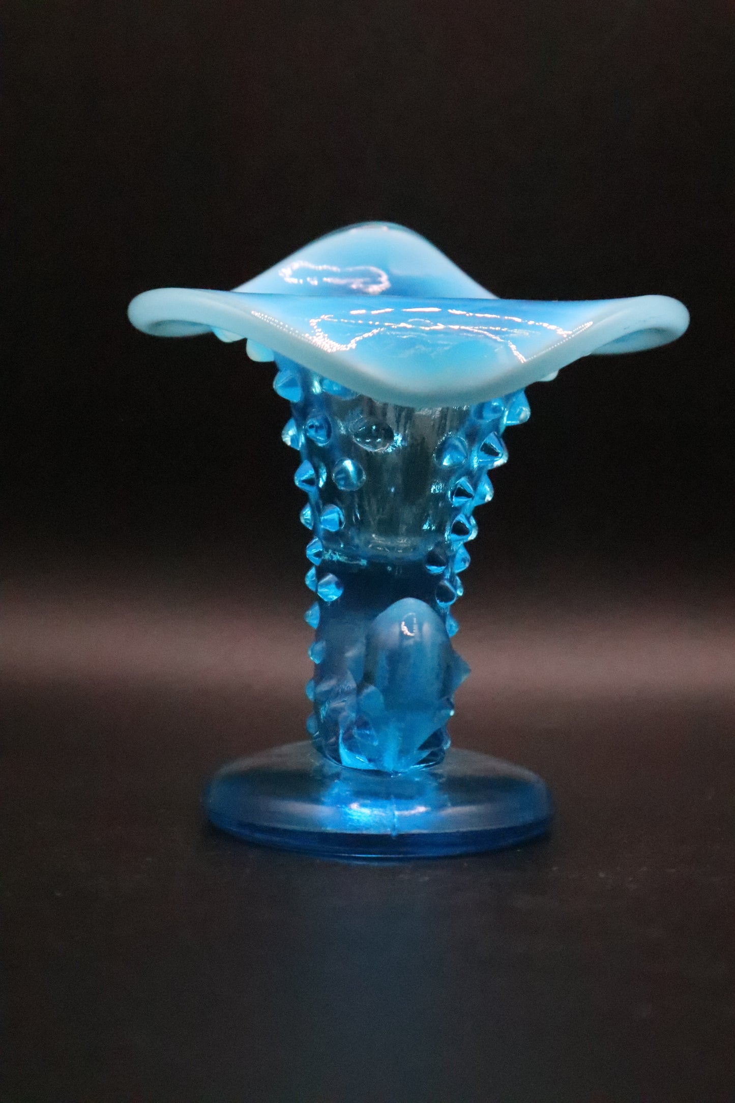 FENTON HOBNAIL BLUE OPALESCENT GLASS VASE HORN