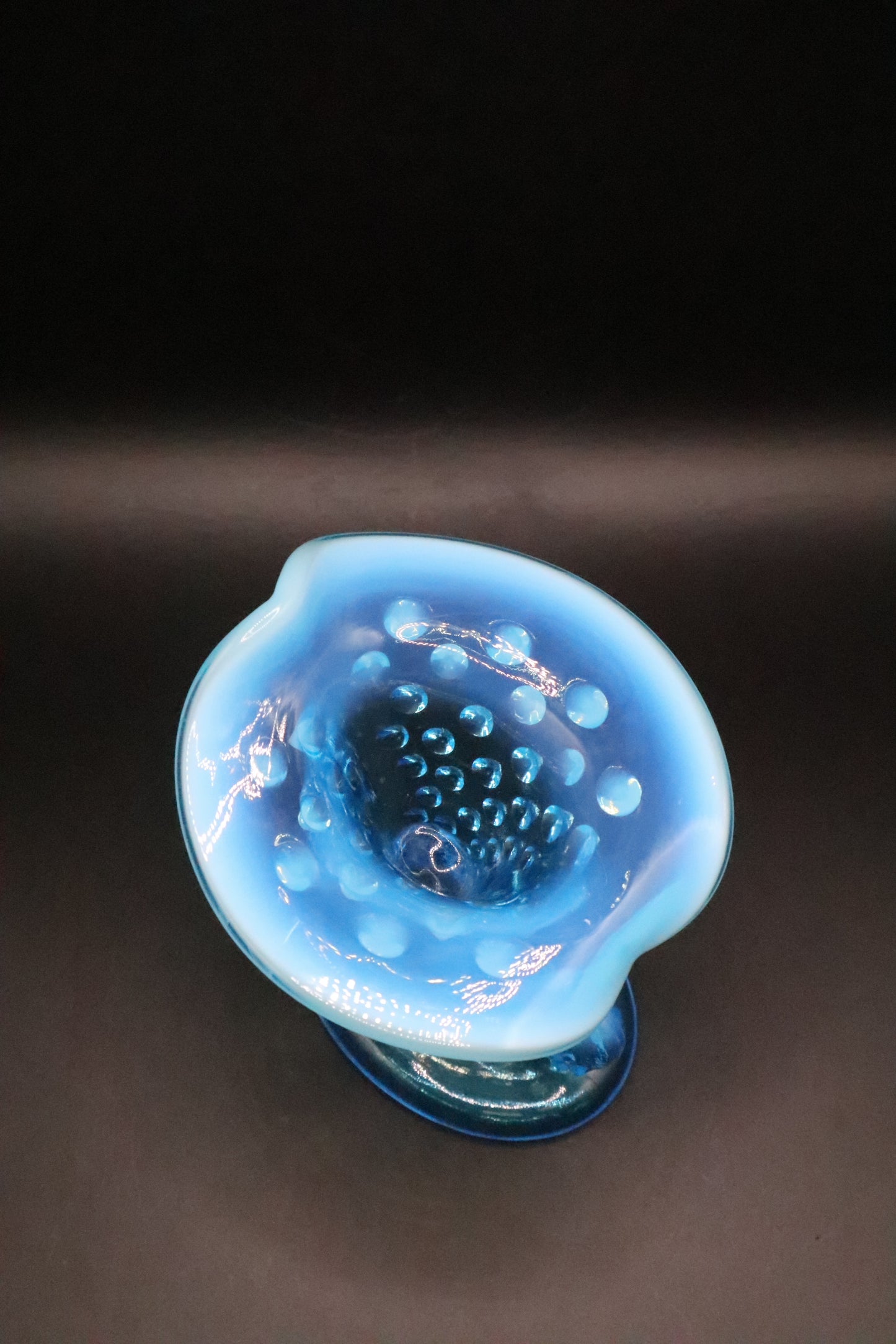 FENTON HOBNAIL BLUE OPALESCENT GLASS VASE HORN