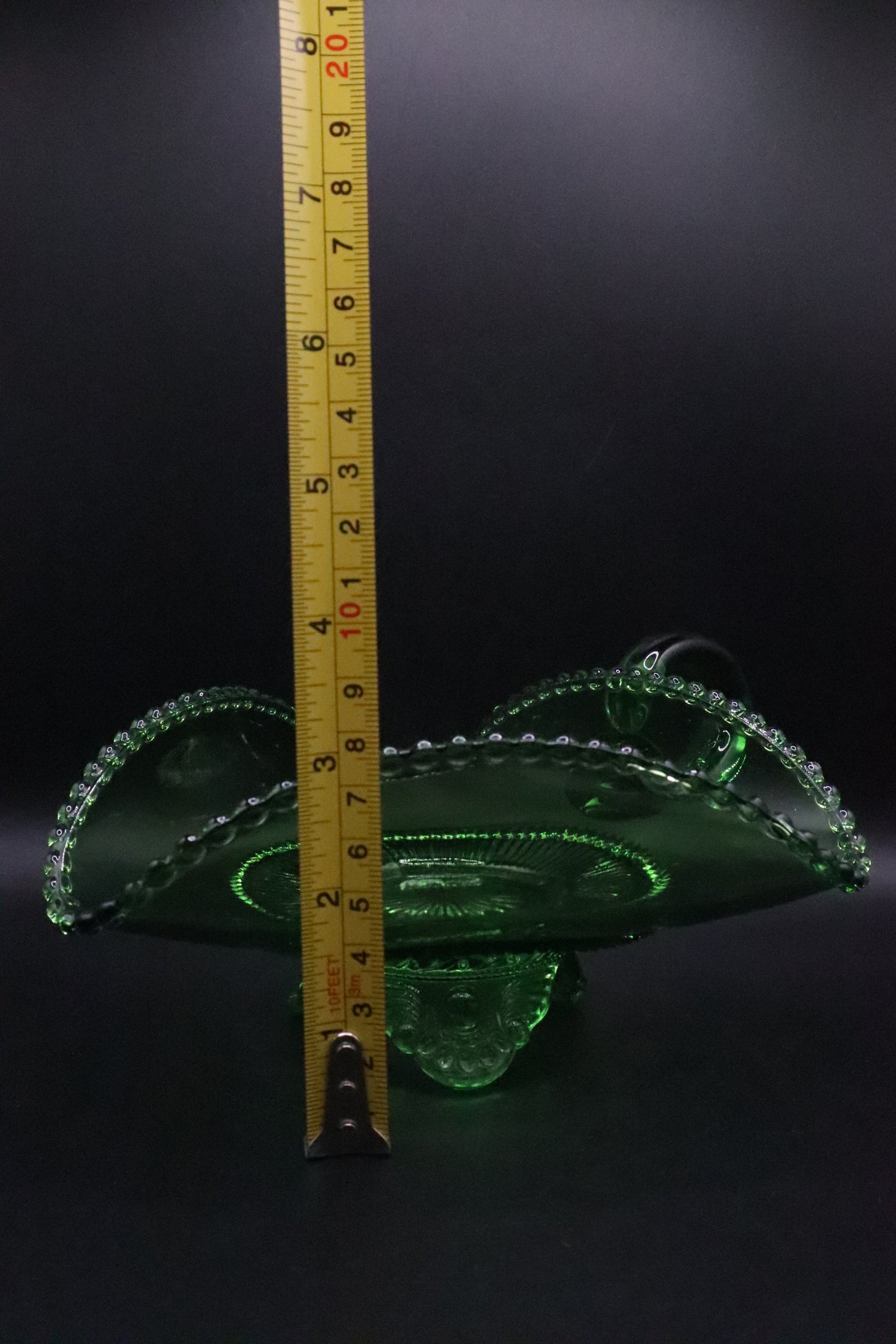 VINTAGE 3 SIDED GREEN DISH OR CANDLE HOLDER WITH BUBBLE EDGE