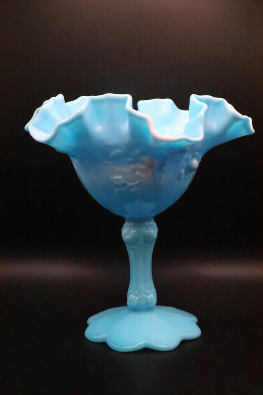 FENTON HOBNAIL BLUE AND WHITE SLANG GLASS PEDESTAL WITH RUFFLED EDGE
