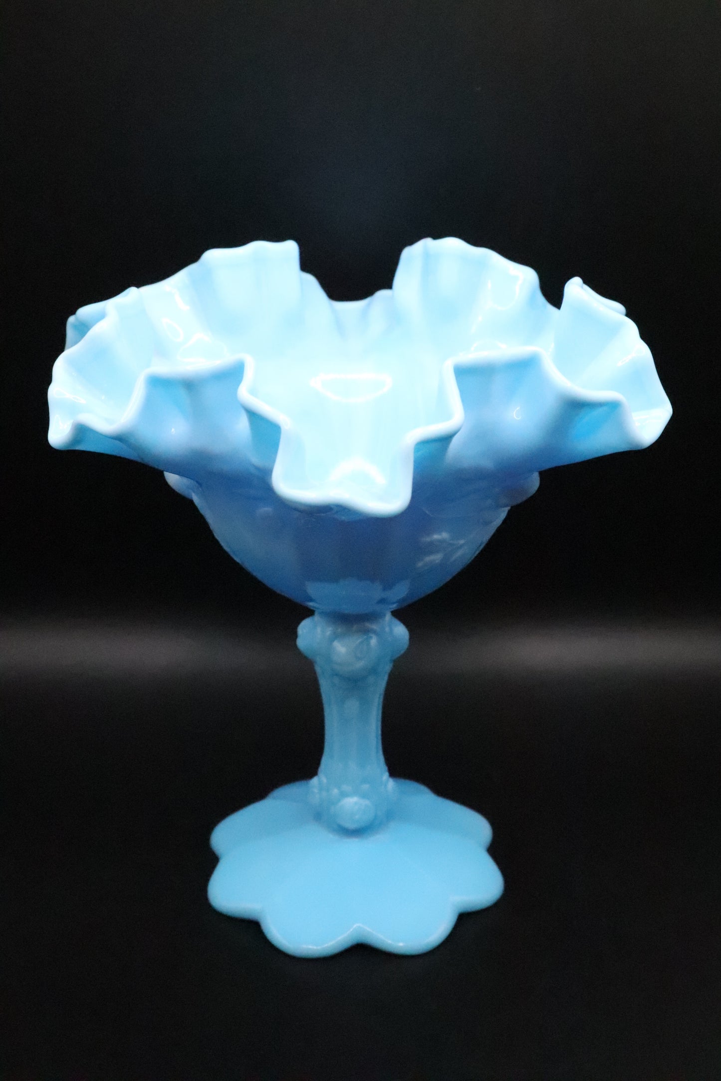FENTON HOBNAIL BLUE AND WHITE SLANG GLASS PEDESTAL WITH RUFFLED EDGE